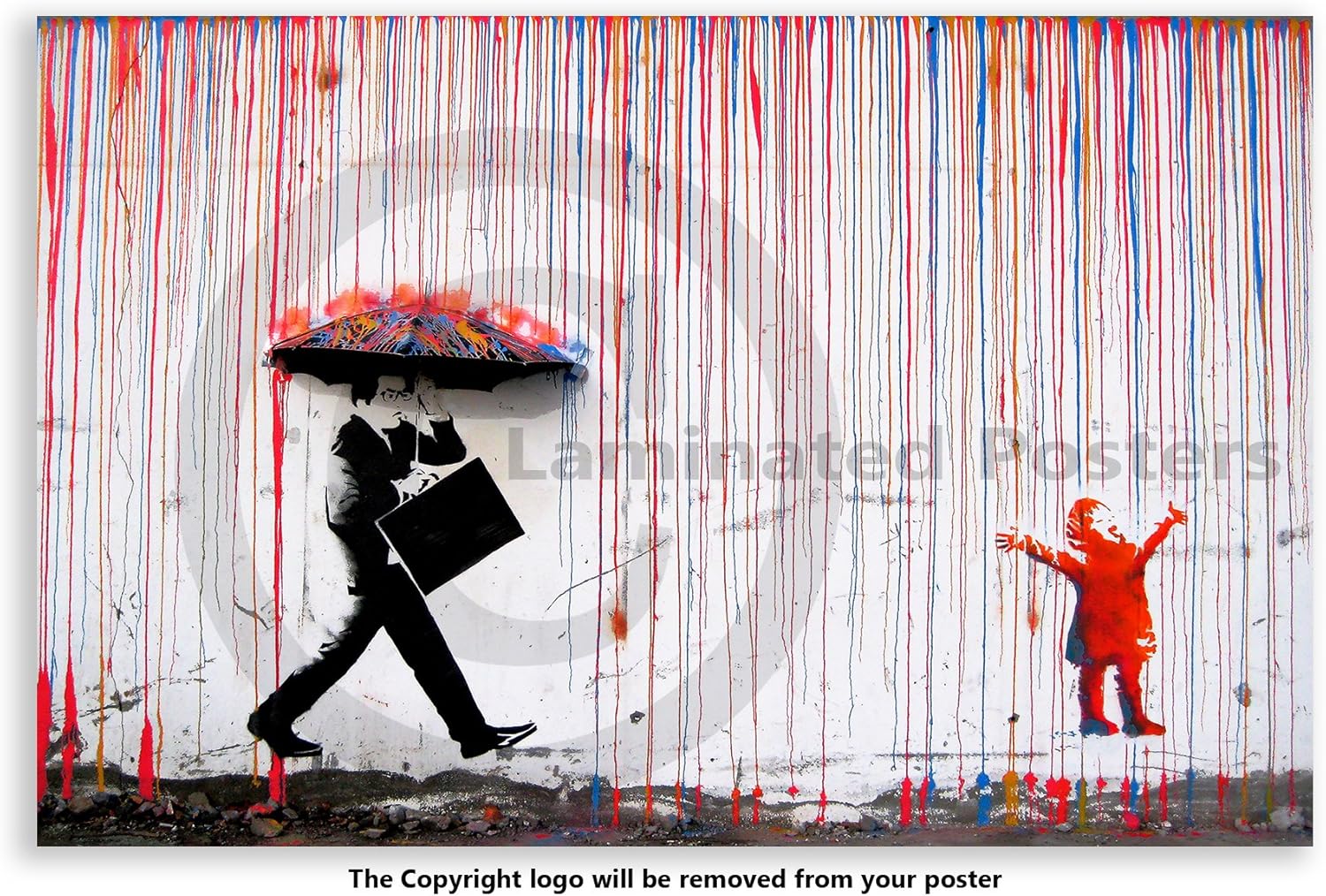 Poster di opera di Banksy raffigurante una bambina felice sotto la pioggia color arcobaleno Poster di opera di Banksy raffigurante una bambina felice sotto la pioggia color arcobaleno