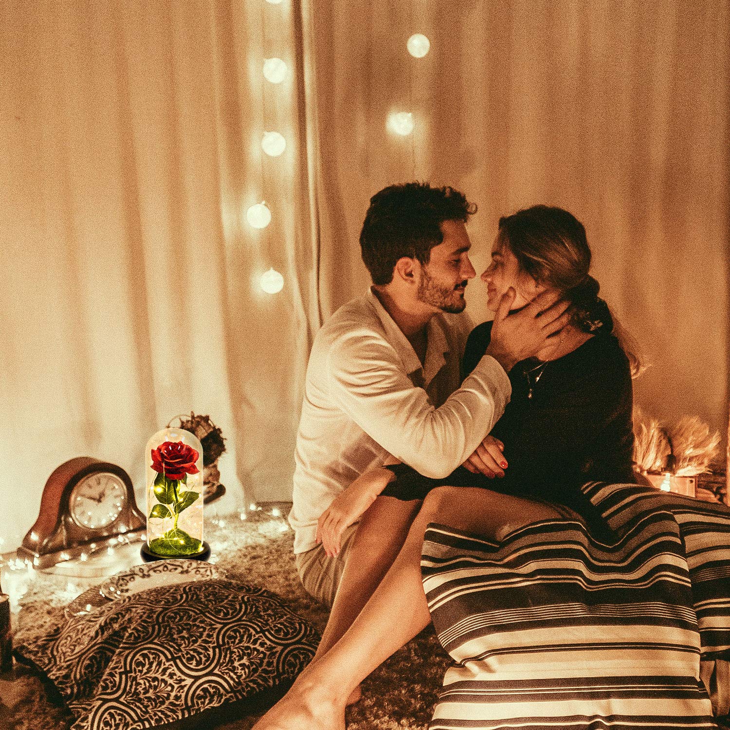 Zimer Enchanted rose, Red Rose gold lamp green grass in a Glass Dome with String LED Lights, table lamp Rose Gift for Mothers Day, Valentine\'s Day, Wedding, Birthday,Anniversary