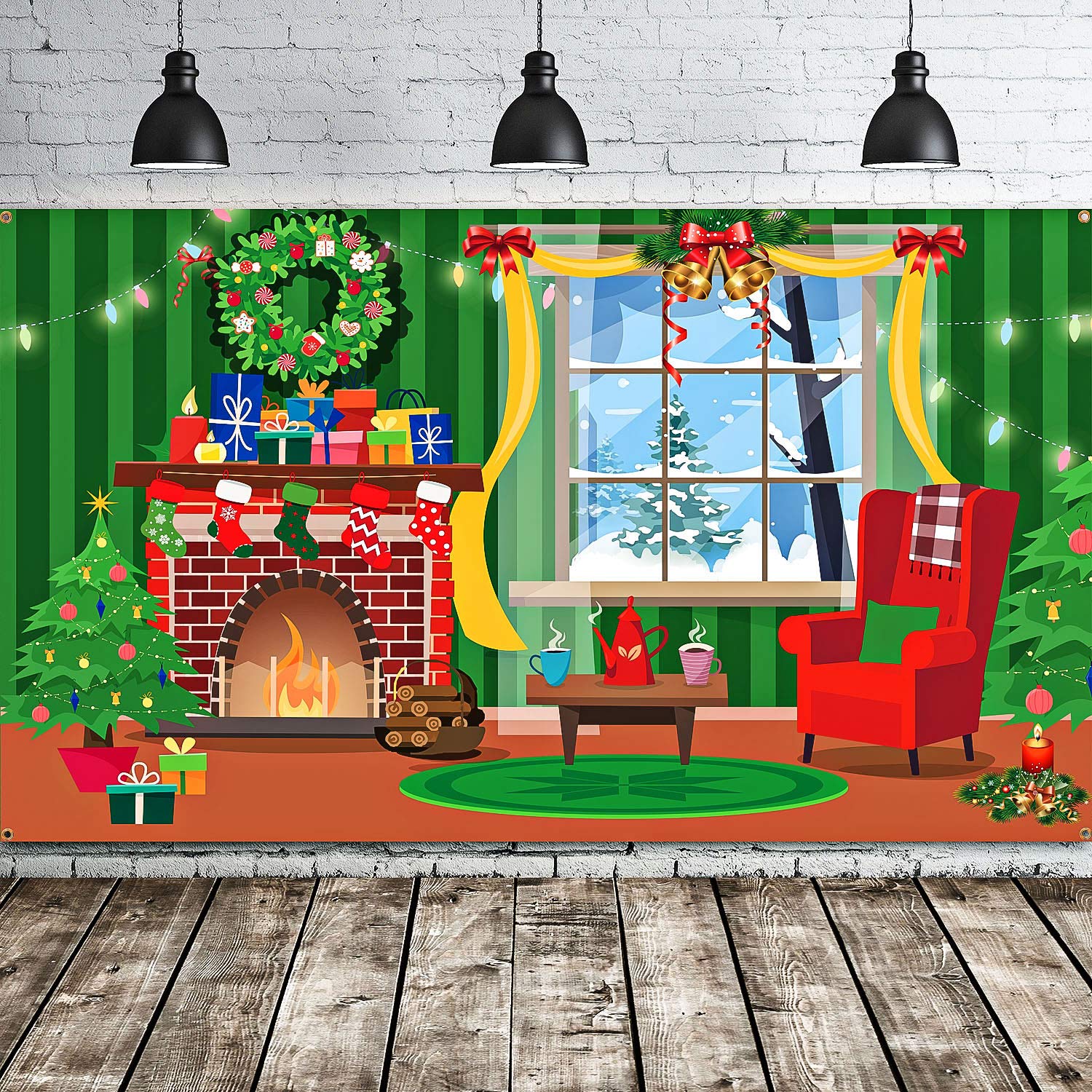 Merry Christmas Backdrop Scene Setters Banner Welcome Winter Snow Decorative Xmas Background for Wall Decoration Christmas Party Decor Holiday Time (Green Red Mantel Window)