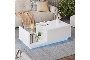 GDFStudio Lift Up Coffee Table with Hidden Storage and LED Light, High Gloss Coffee Table with Glass Top, Modern Lift Top Cen