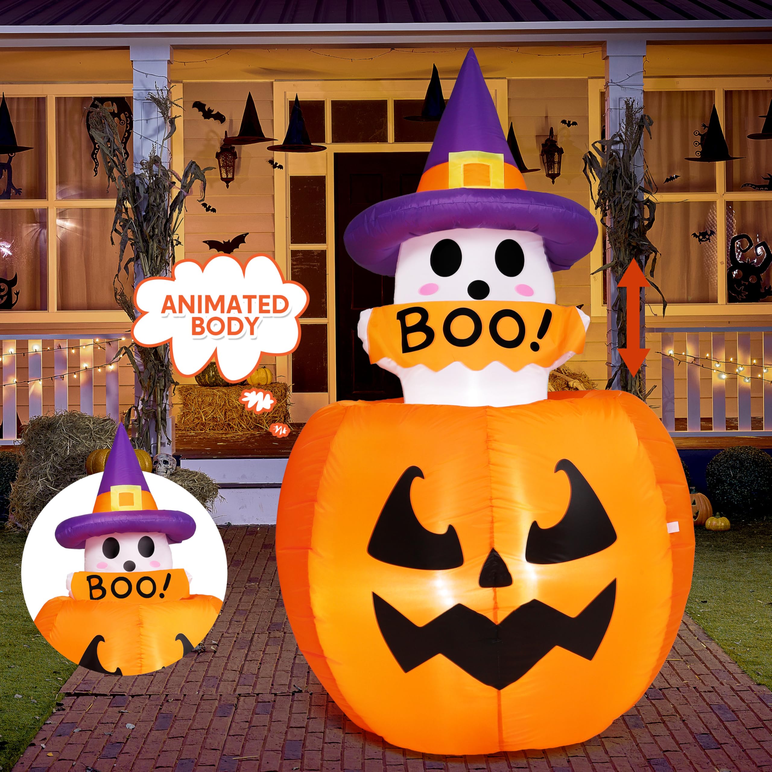 Photo 1 of Joiedomi 5ft Tall Halloween Animated Inflatables Outdoor Decorations, Inflatable Ghost on Pumpkin with LEDs, Cute Blow Up Pumpkin Ghost Decor for Outside Yard Outdoor Lawn Garden Party Decoration