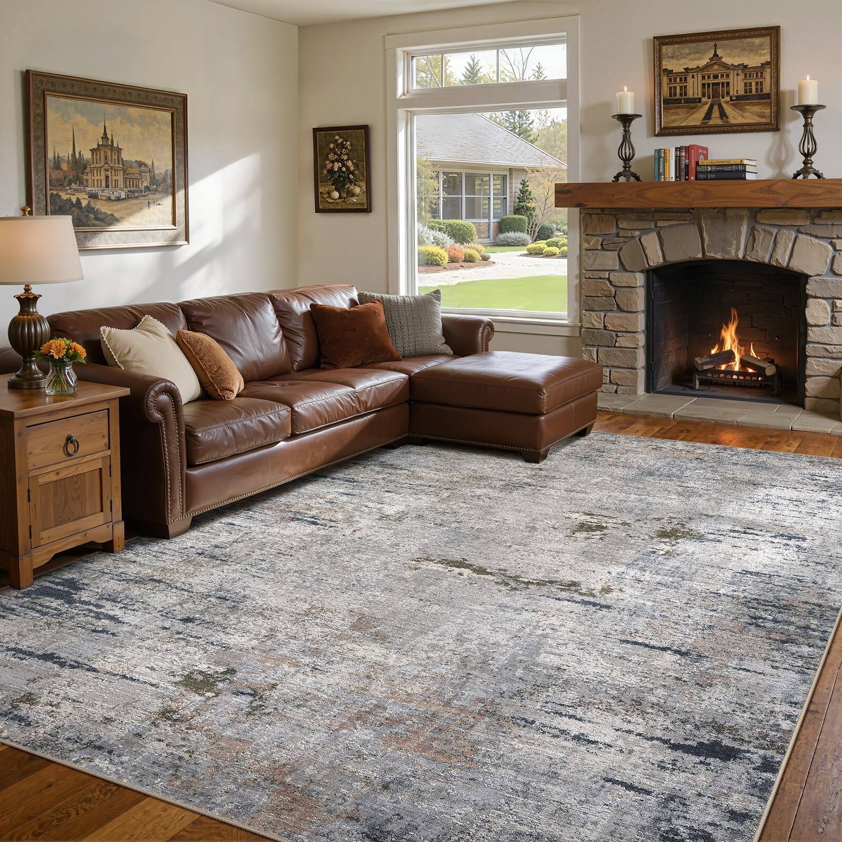 DMOYEST Area Rug Living Room Rugs - 7x9 Washable Large Soft Indoor Neutral Modern Abstract Low Pile Rug Carpet for Bedroom Dining Room Farmhouse Home Office - Blue/Grey/Brown Image