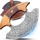 RC Knives Damascus Ulu Knife with Leather Sheath – Full Tang Handmade Alaskan ulu knives - Wooden Handle, Pizza Cutter & Salad Chopper, Meat and Herbs, Great for Outdoor Cooking and Gifts for Men
