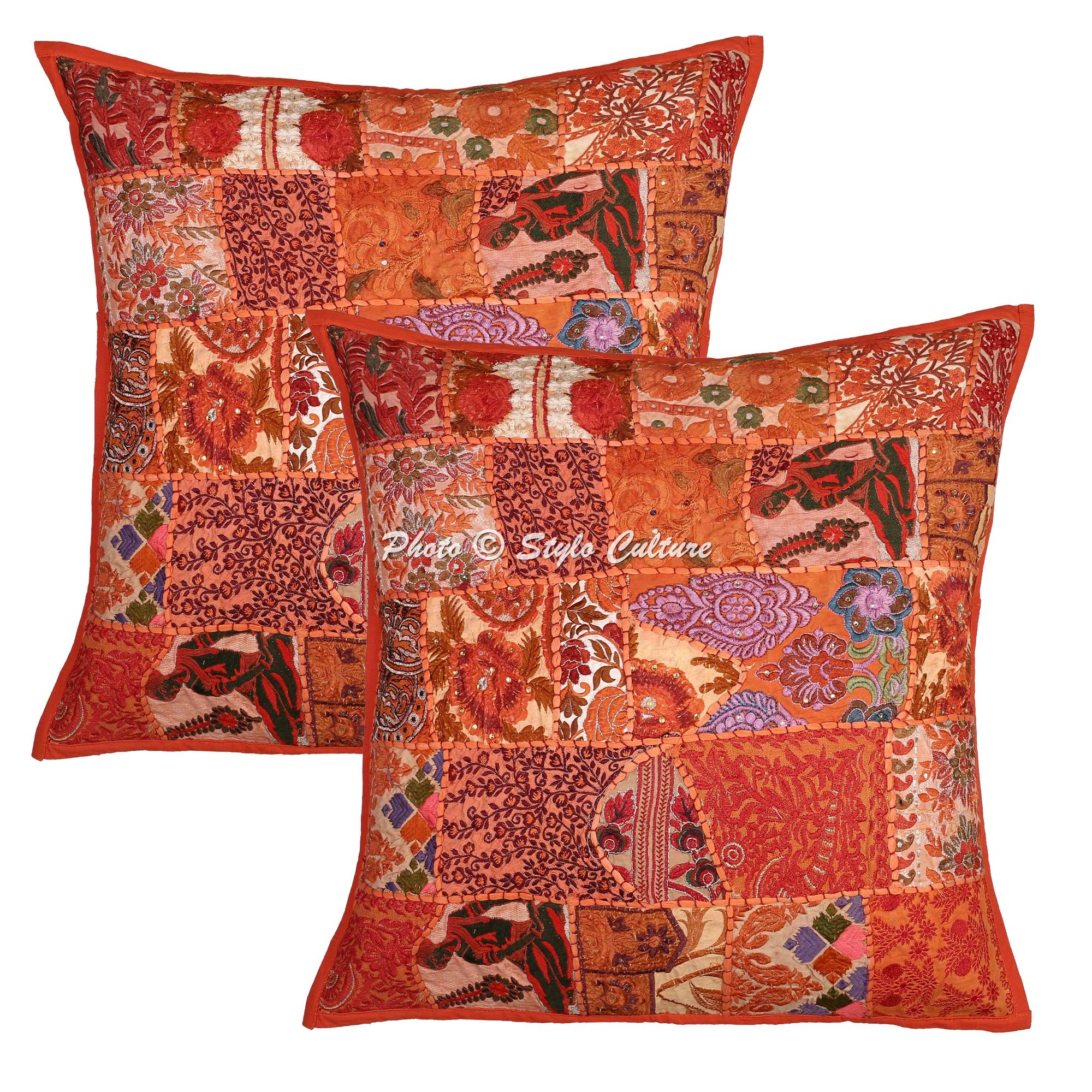Stylo Culture Large Bohemian Patchwork Cushion Covers 60cm x 60cm Ethnic Orange Cotton Floral Decorative Couch Toss Pillow Cushions 60cm x 60cm Home Decor (Set Of 2) Square Cushion Covers