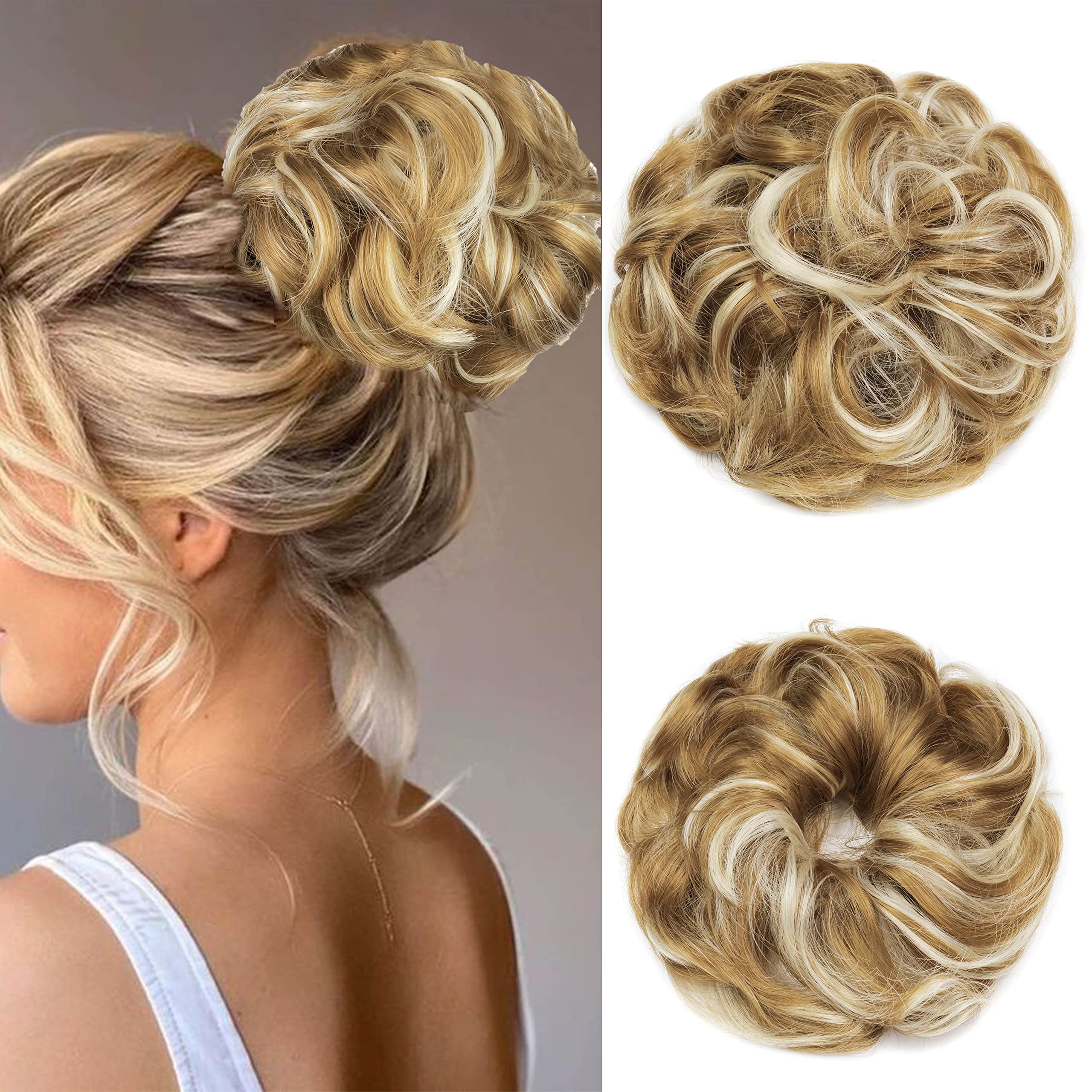 Gairyan Hair Scrunchies for Women Messy Bun Hair Extensions Curly Ponytail Donut Hair Chignon Wavy Updo Bun Hair Pieces for Women 40g (Dark Blonde & Bleach Blonde)