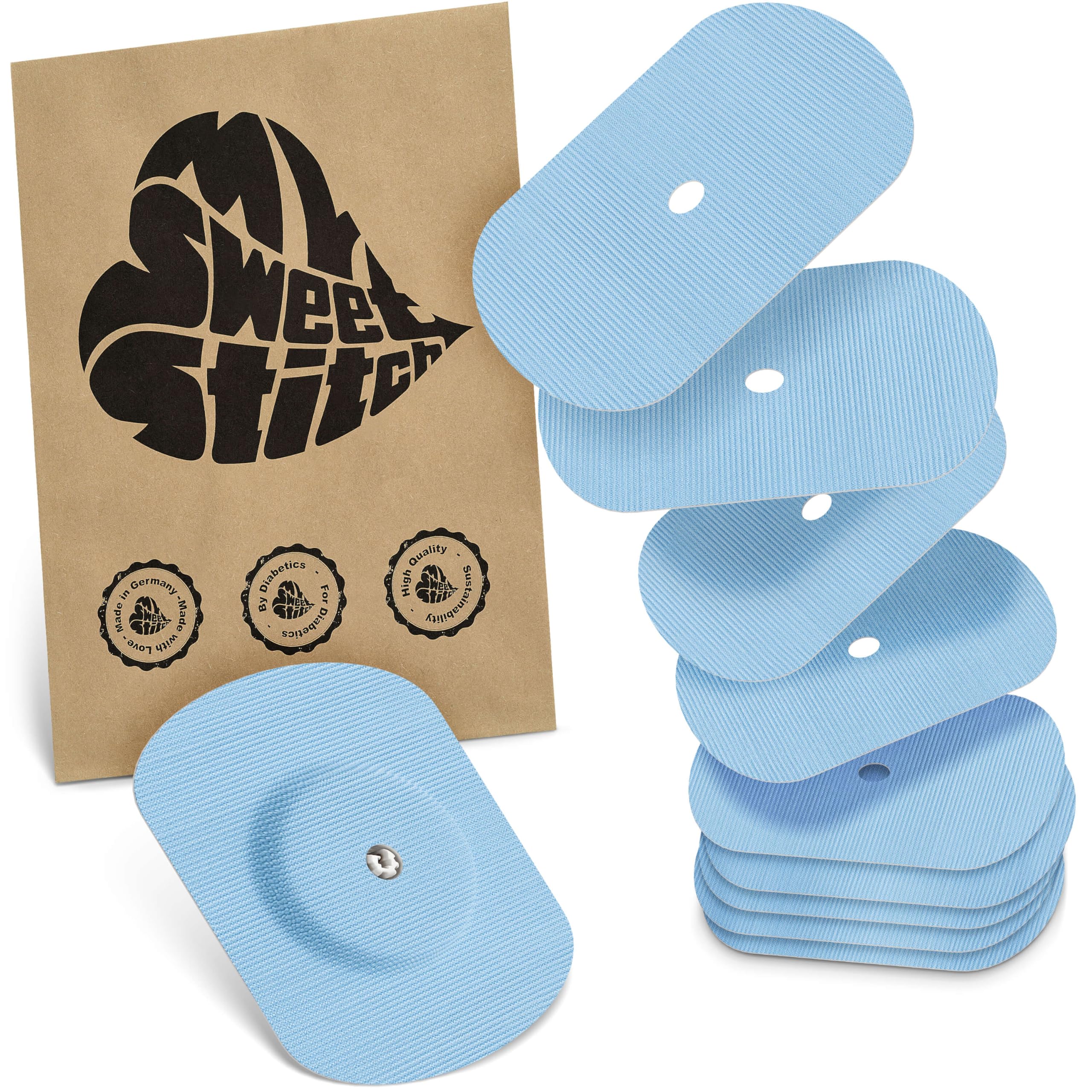MySweetStitch - 10 x Freestyle Libre 1 & 2 Patches Oval with Ventilation Hole, Overpatch Ø 70 x 55mm, Waterproof, Breathable, Skin-Friendly, Made in Germany, Ice Blue