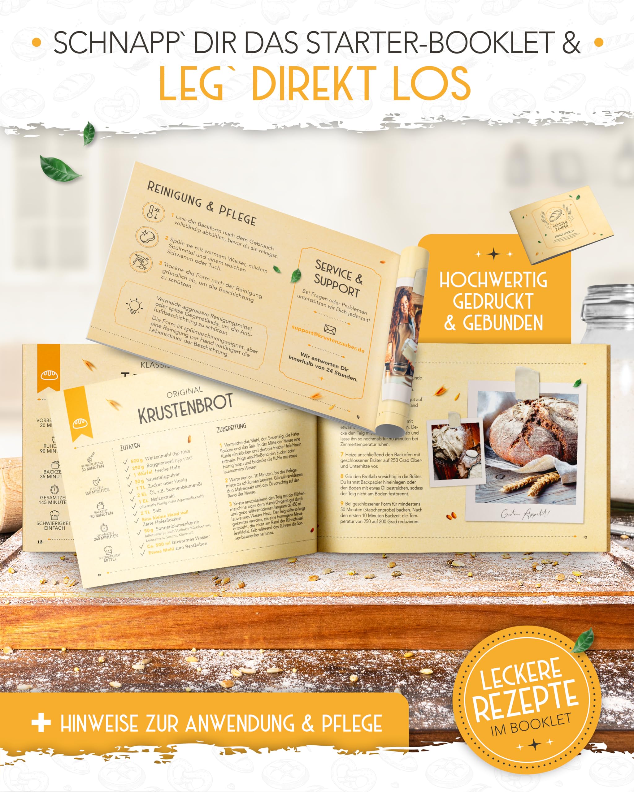 KRUSTENZAUBER Gusseisen Topf Brot Backen im XXL Set - Brotbackform mit Deckel inkl. Gärkorb, Schneebesen, Bäckermesser, Teigschaber, Brotschlinge und mehr - Perfektes Brotbacktopf Set für Anfänger 7