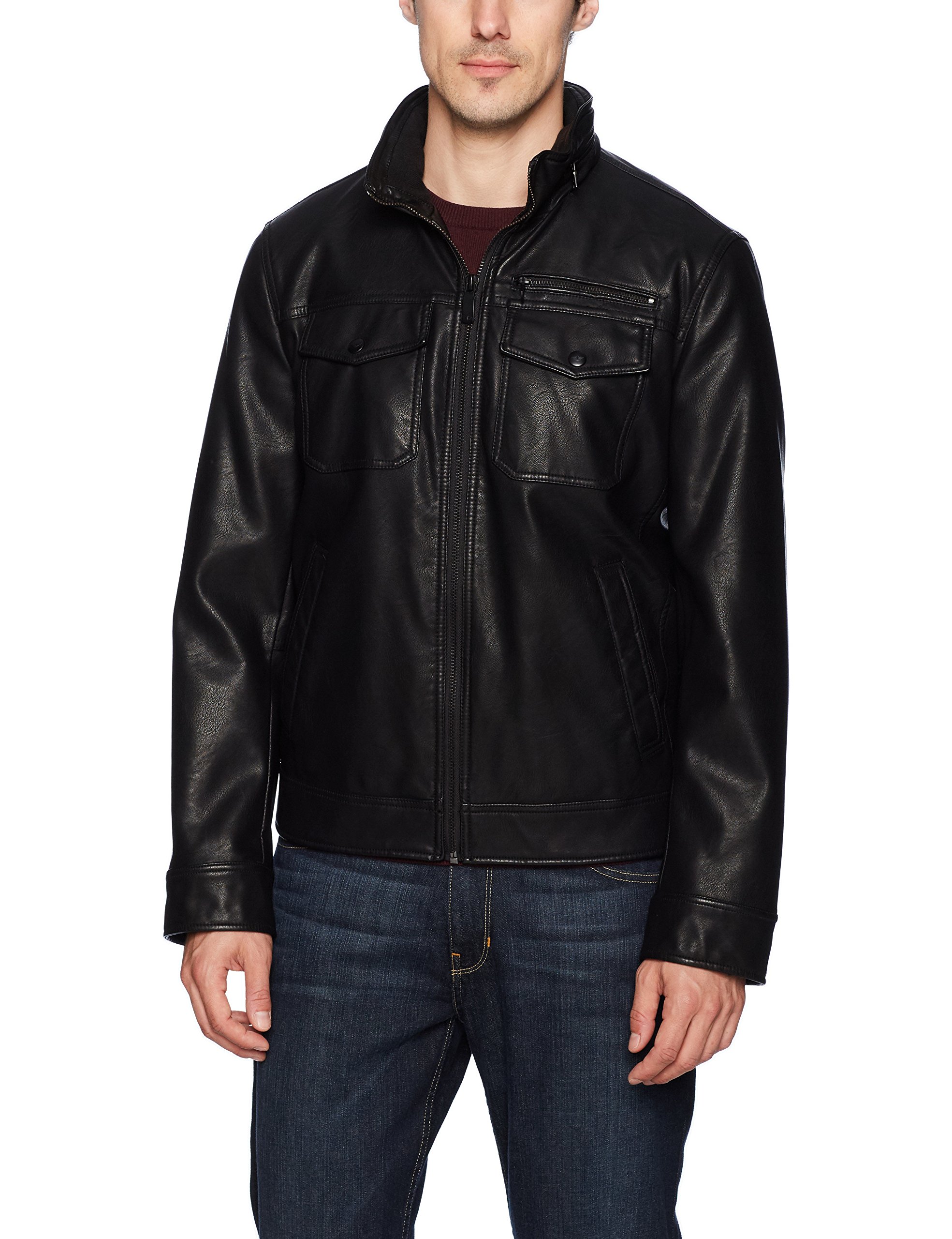 Dockers Men's Faux Leather Classic Trucker Jacket, Black, Small by Dockers