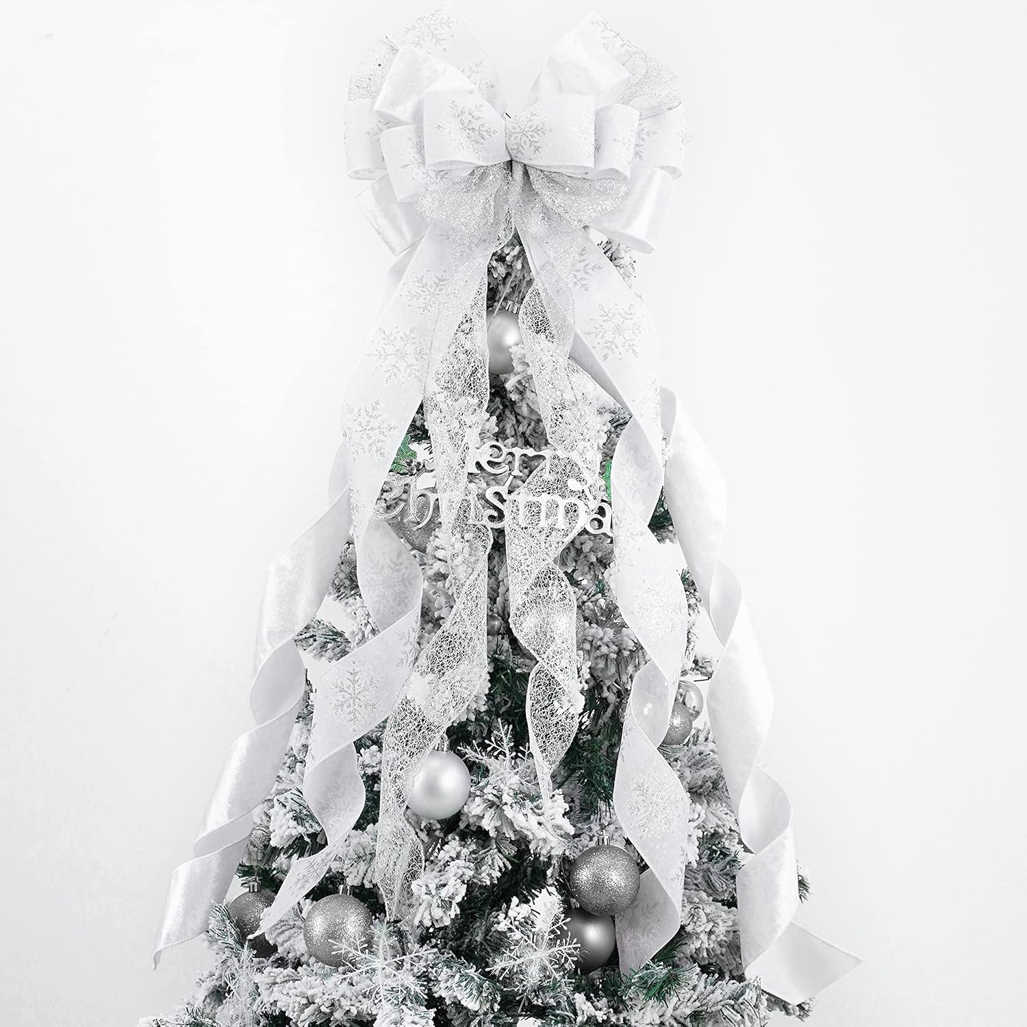 Tree Toppers - MEEDEE White Christmas Tree Topper White Glitter Christmas Bows 12