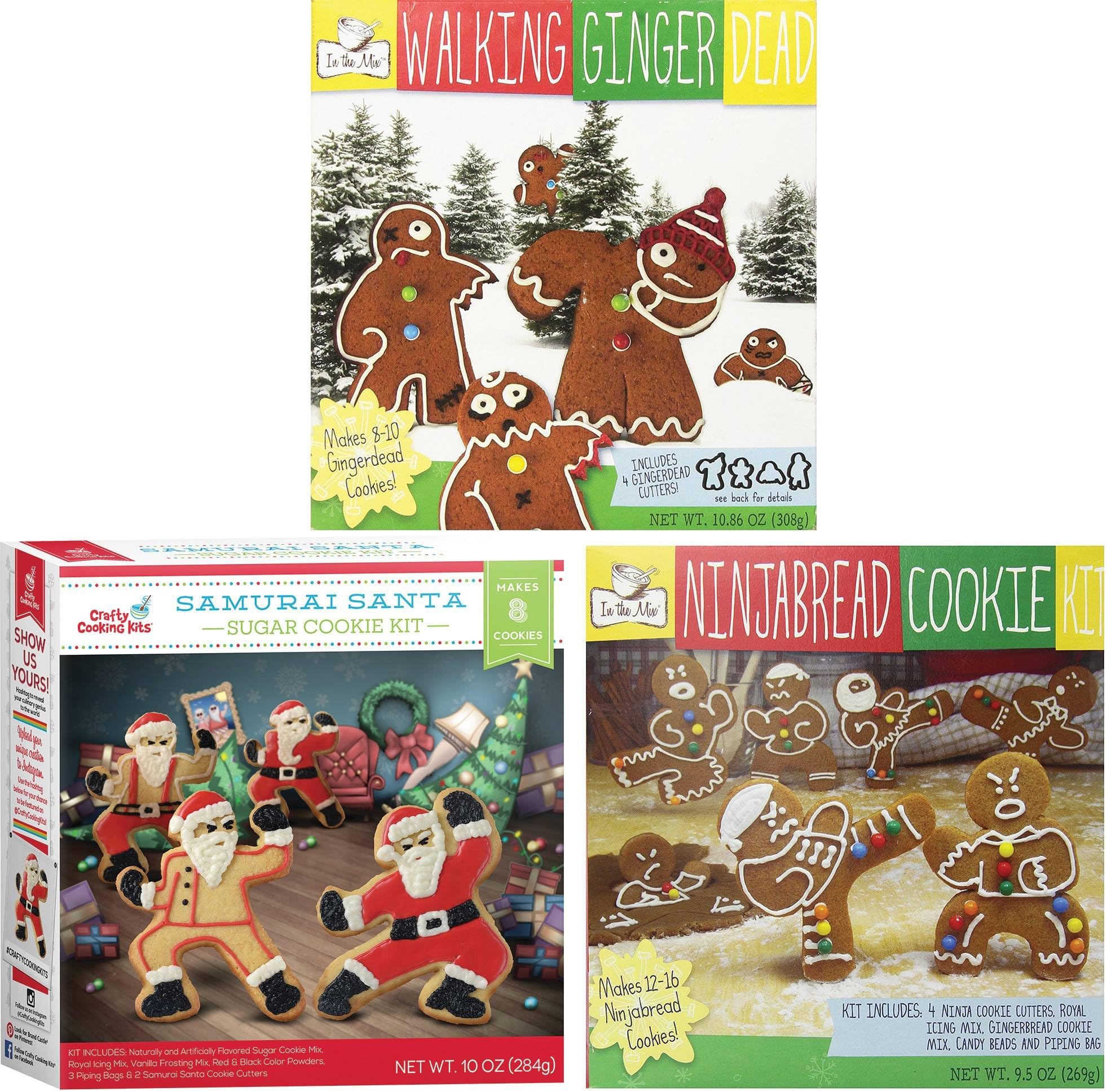 Walking Gingerdead, Ninjabread, and Samurai Santa Christmas Cookie Mix Kits with Cookie Cutters (3 pack)