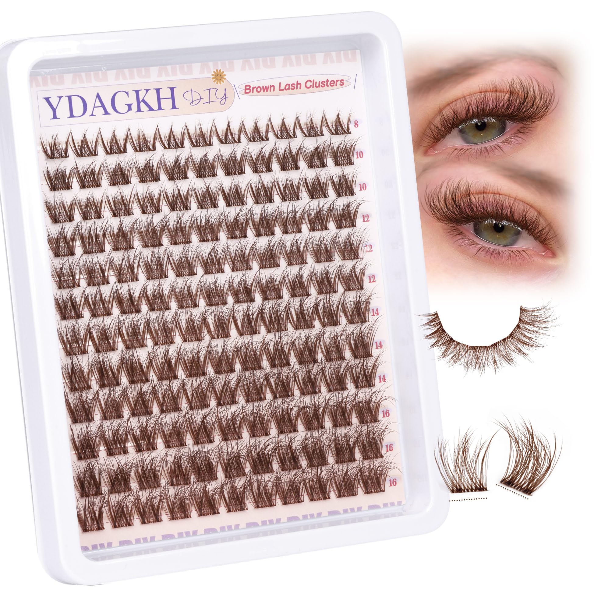 Photo 1 of Brown Lash Clusters Invisible Band Natural Eyelash Clusters Wispy Lash Extensions 8-16mm C Curly Dark Brown Cluster Eyelash Extensions DIY Clear Band Individual Cluster Lashes Slightly Fluffy 132Pcs