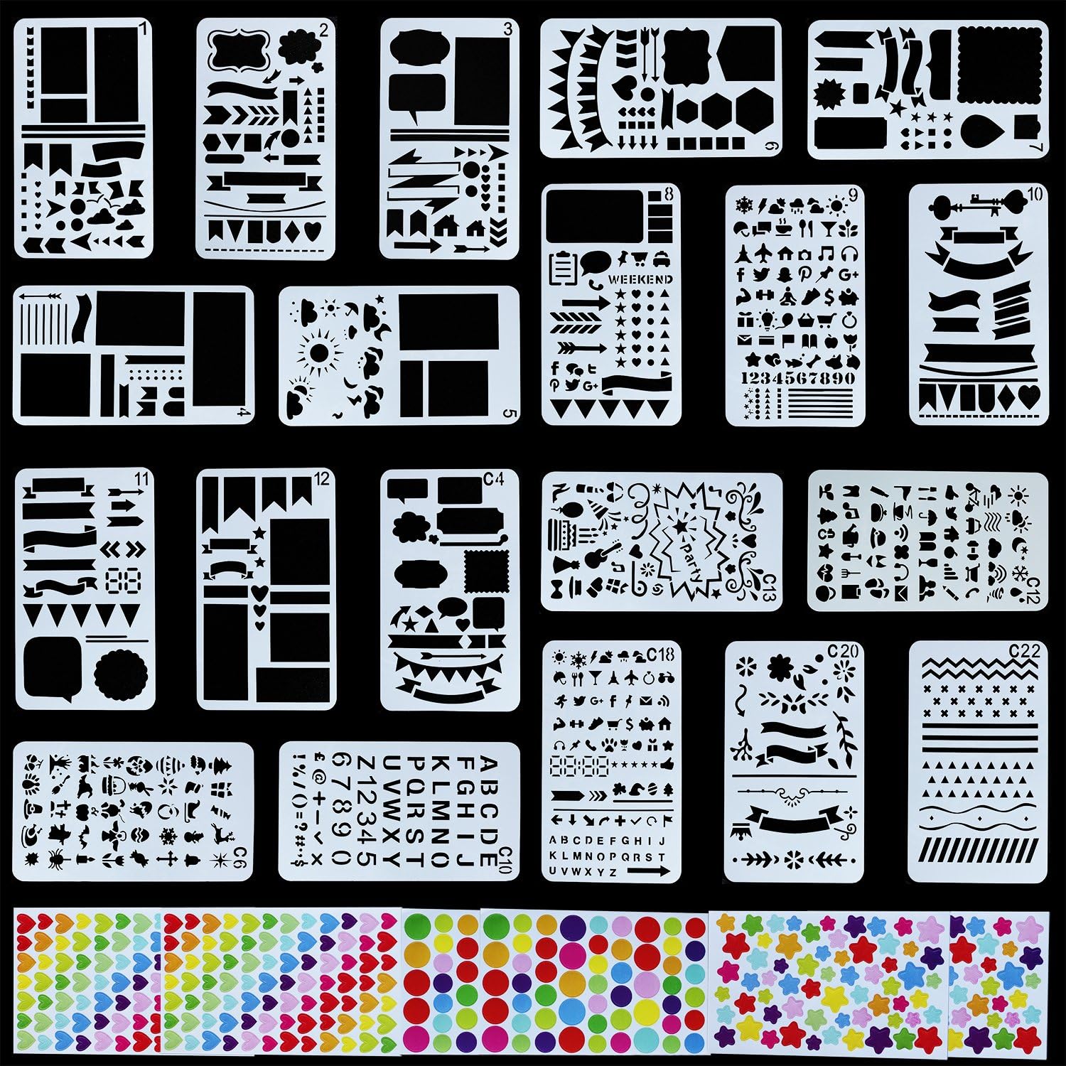 20 Pcs Bullet Journal Stencil + 6 Sheets Stichers Set Plastic Template DIY Drawing Planner for Journal/Notebook/Diary/Scrapbook/Art Craft Projects/Schedule Book DIY Drawing Template, 4x7 Inch(26 PCS)