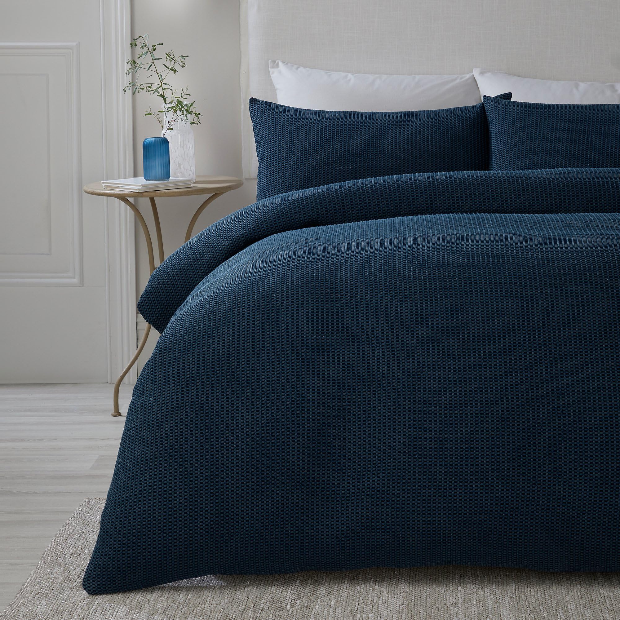 Serene Lindly Navy Blue Waffle Duvet Cover – Single Size 140x200cm – Soft Touch Textured Bedding – Square Grid Pattern – Luxury Dark Blue Duvet – Stylish Bedroom Decor – Easy Care Fabric