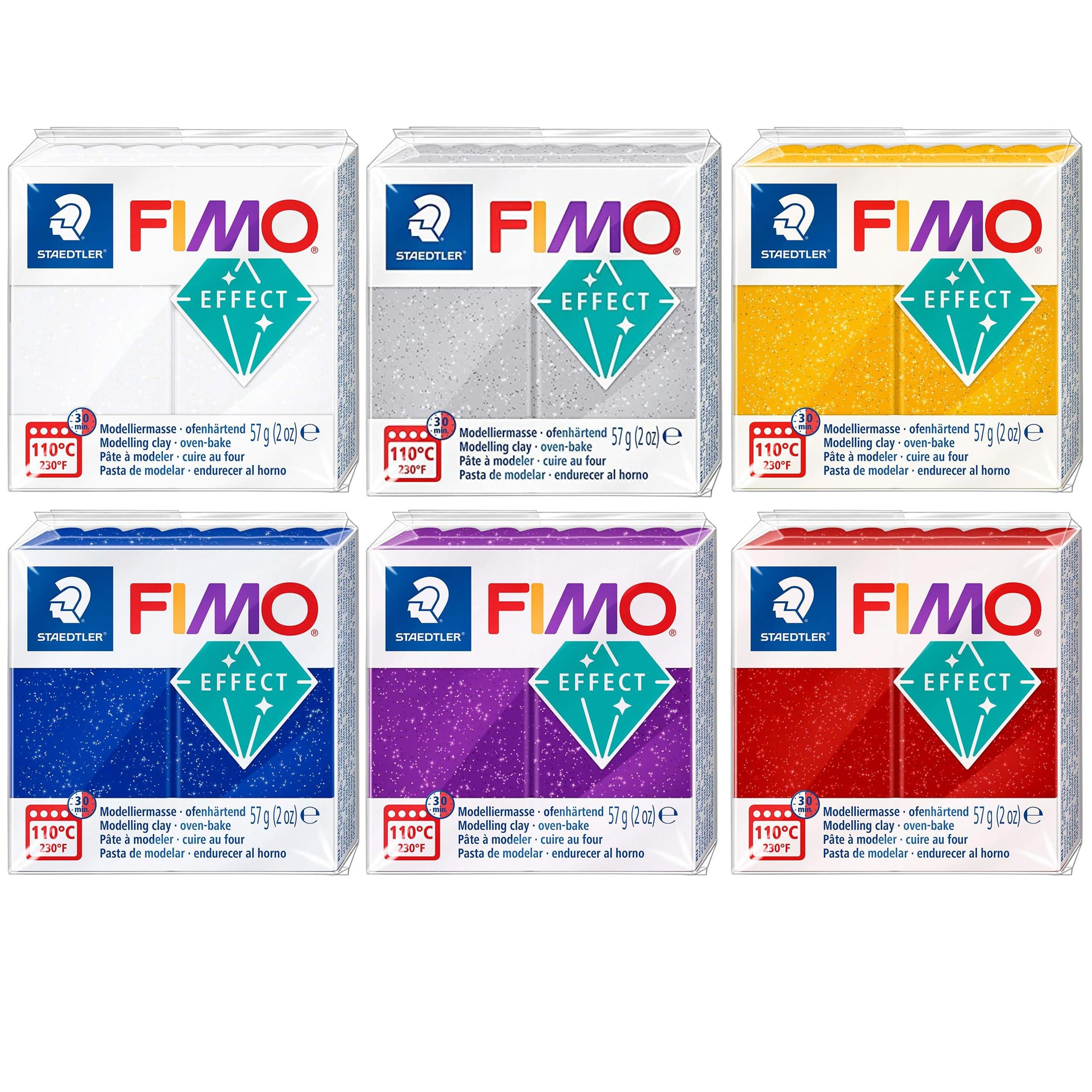 FIMO Effect Polymer Oven Modelling Clay - 57g - Set of 6 - Glitter Finish