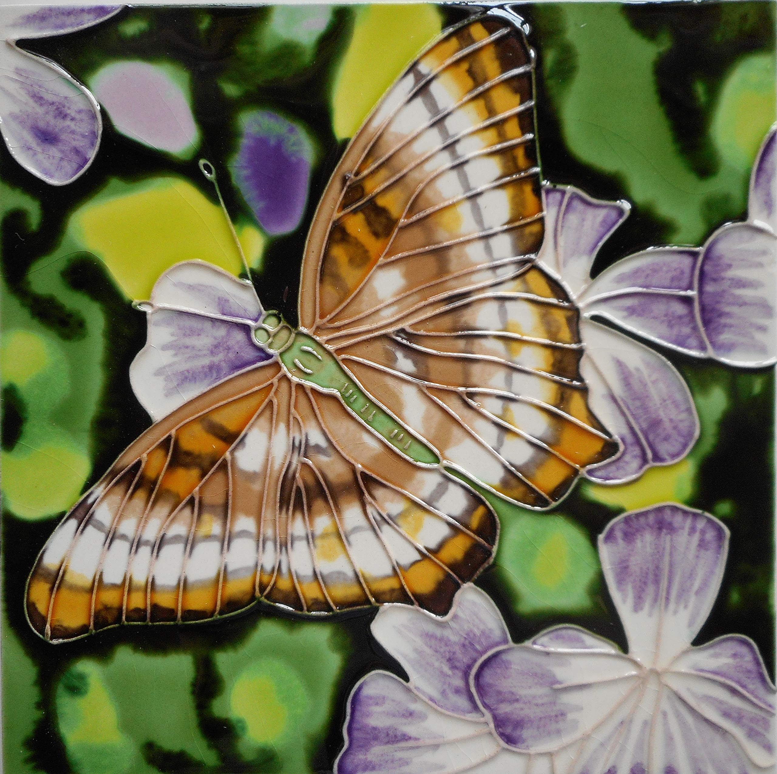Tile Craft Hand Painted Ceramic Art Butterfly Tile 8 x 8 inches with Easel Back