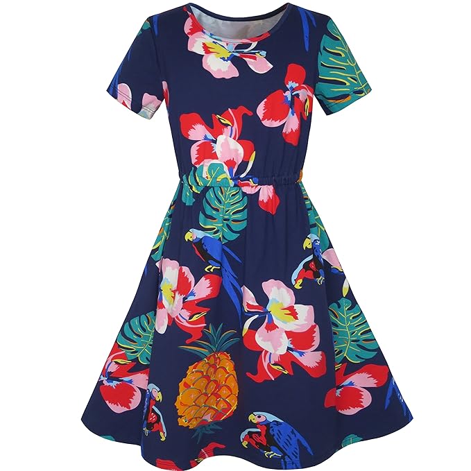 title=LD75 Sunny Fashion Vestito Bambina ananas Foglia Fiore Pappagallo Stampa