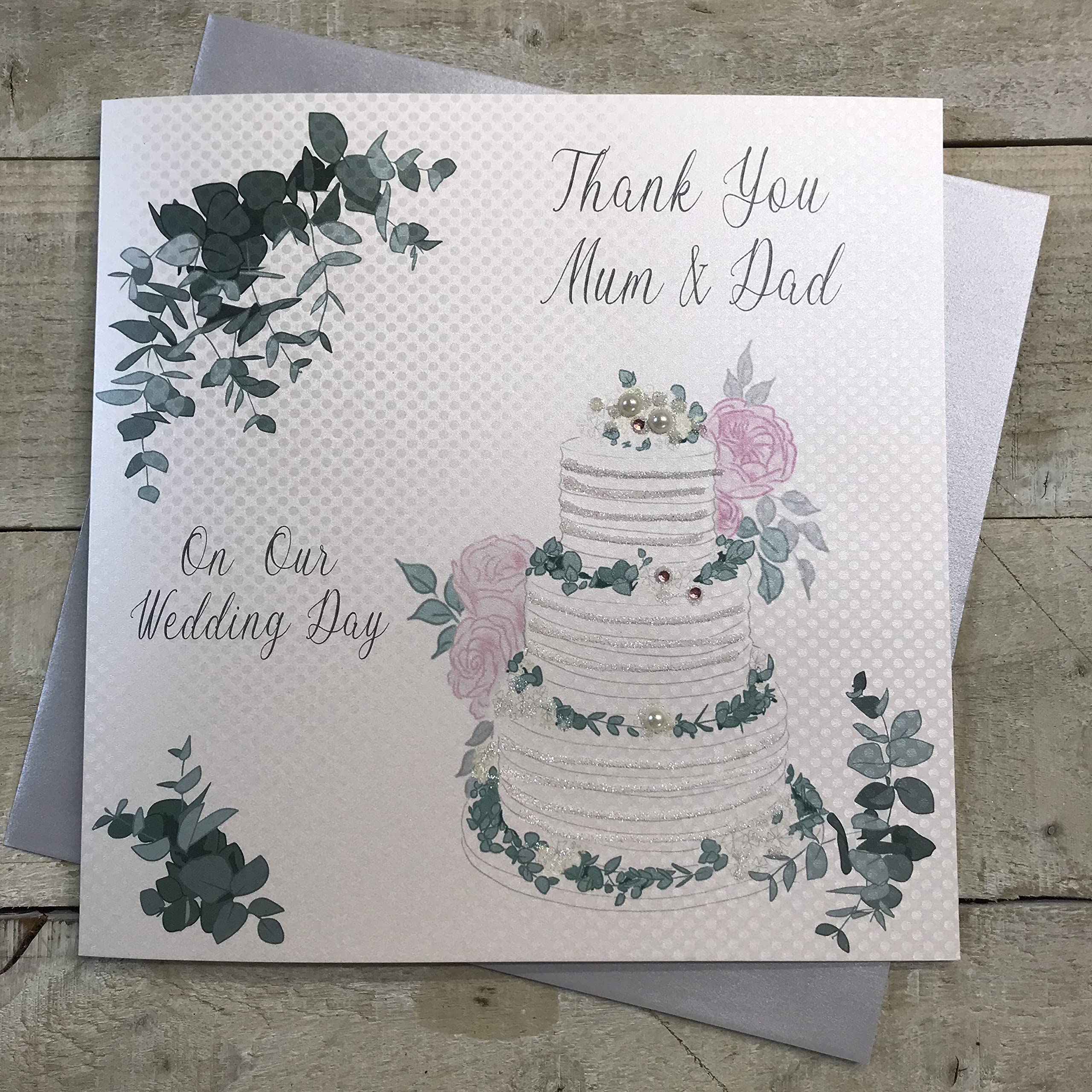 White cotton cards Thank You Mum and Dad On Our Wedding Day Large Handmade Wedding Thank You Card, White, (XLWB201 NEW),22cm x 22cm