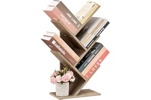 Hoctieon 4 Tier Tree Bookshelf, 4 Shelf Bookcase, Modern Book Storage, Free Standing Tree Bookcase, Utility Organizer Shelves for Home Office, Living Room, Bedroom, Greige