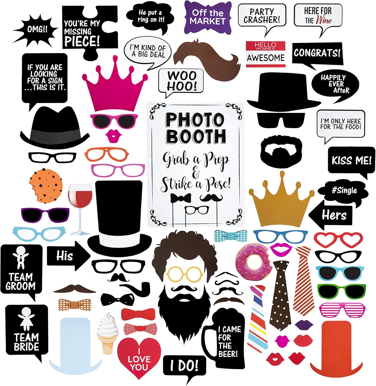 Wedding Photo Booth Props Set with Chalkboard Style White