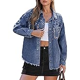 luvamia Jean Jacket Women Trendy Rhinestones Pearls Embellished Sparkly Frayed Hem Oversized Denim Jackets with Pockets