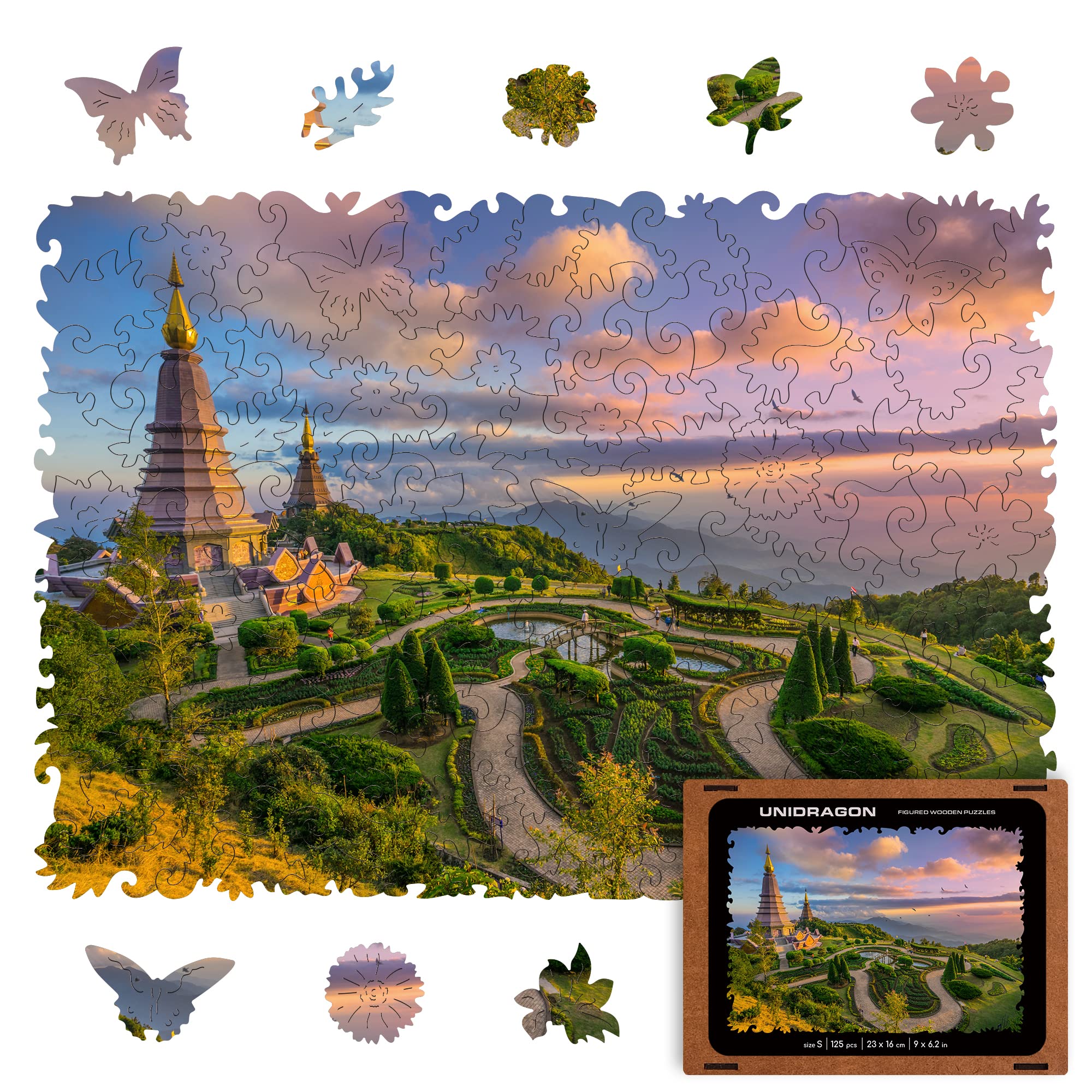 UNIDRAGON Original Wooden Jigsaw Puzzles - Nature Chiang Mai, 125 pcs, Small 9"x6.2", Beautiful Gift Package, Unique Shape Best Gift for Adults and Kids