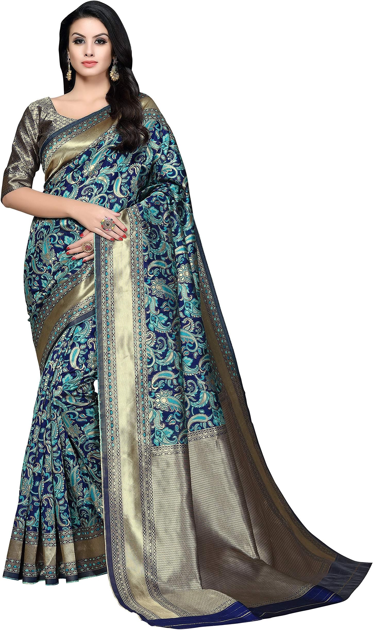 SORU FASHION Women's Kanchipuram Cotton & Art Silk Saree With Blouse Piece (Cott-825_Rama Green & Blue)