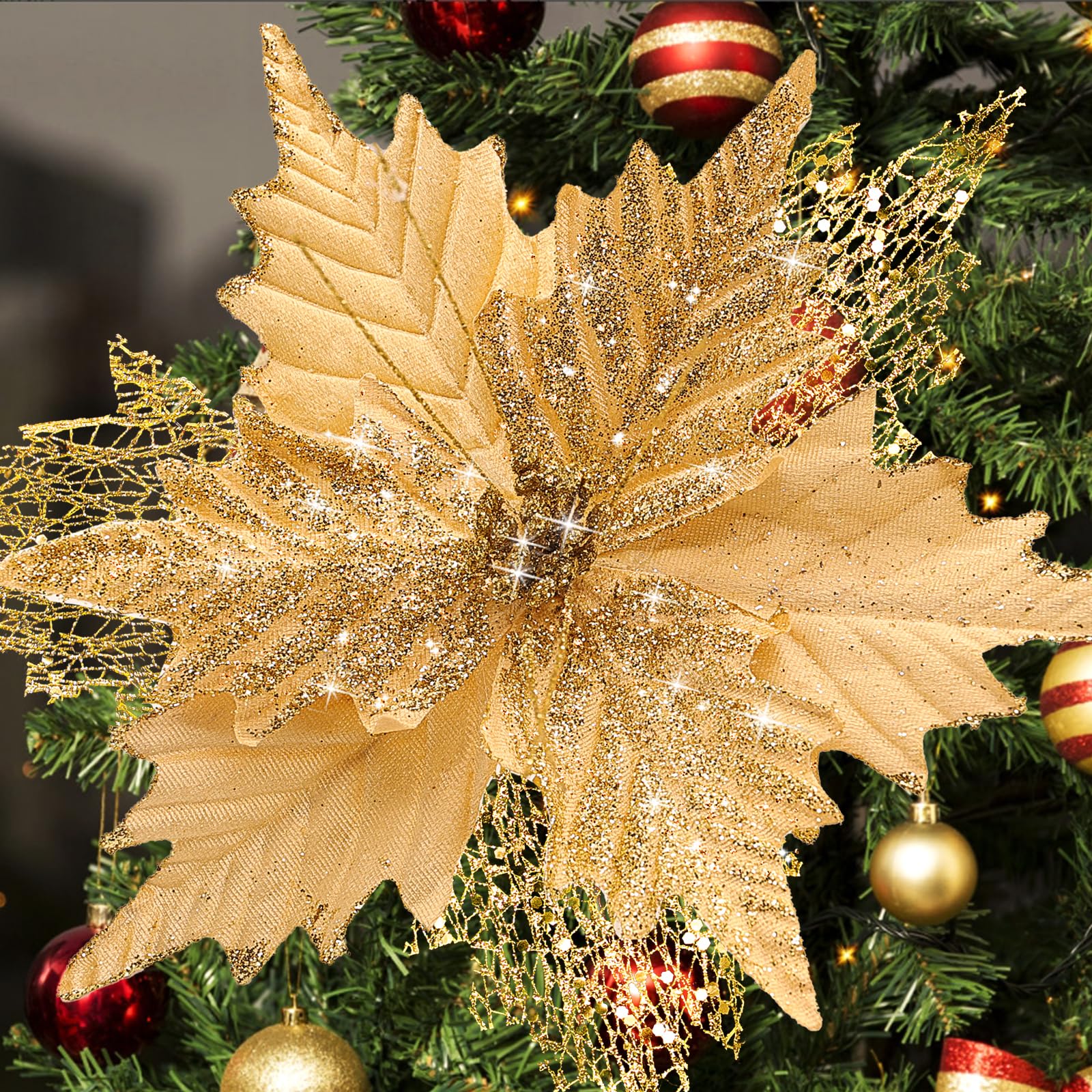 View 1 of 10'' Large Christmas Glitter Poinsettia Flowers Decorations, stadeco 10 Pcs Christmas Tree Picks Ornaments Artificial Flowers with Long Stems for Xmas Tree Wreath Garland Wedding Party DIY Decor
