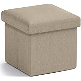 Ornavo Home Small Storage Ottoman Foldable Collapsible Cube Square Linen Ottoman Foot Rest Stool Seat, for Living Room, Bedroom, Home Office, Dorm - 12 x 12 x 12, Taupe
