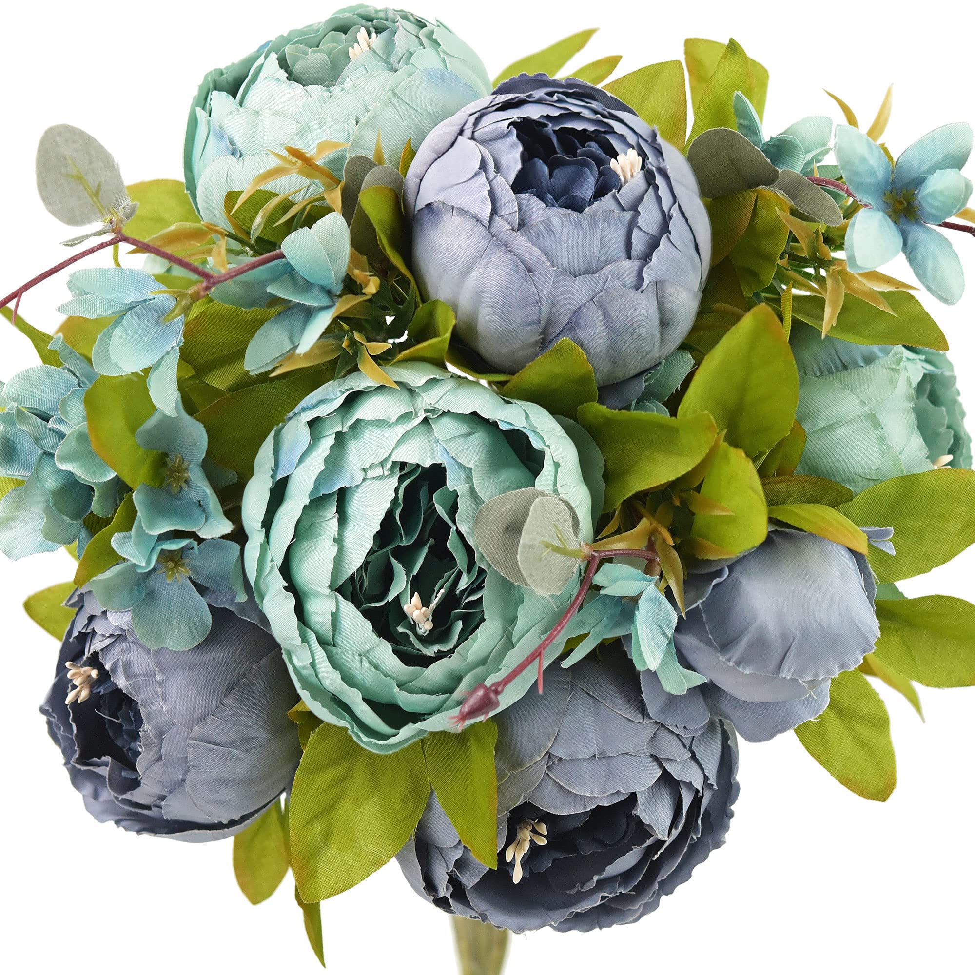 FiveSeasonStuff Mixed Blue Artificial Peony and Hydrangea Bouquet, Silk Flower Arrangement with Greenery for Home Interiors and Display Styling