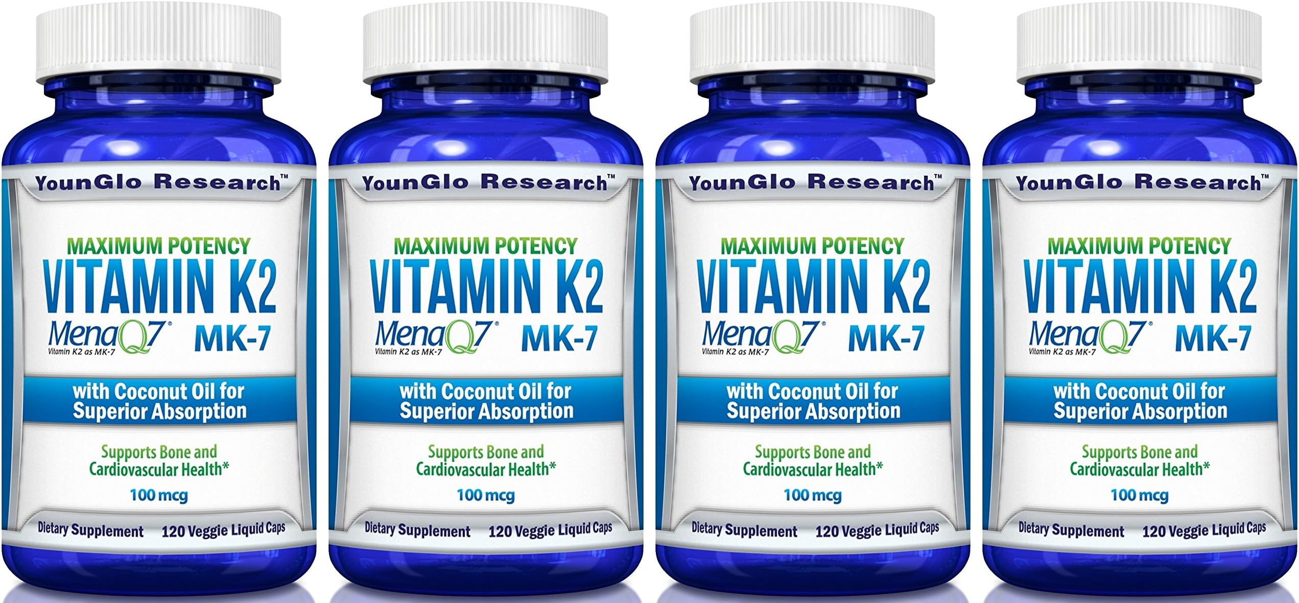 Vitamin K2 MK7 - MenaQ7 and Coconut Oil for Superior Absorption - 120 Soy-Free Non-GMO Vegetarian Liquid Caps 100 mcg. (4 Pack)