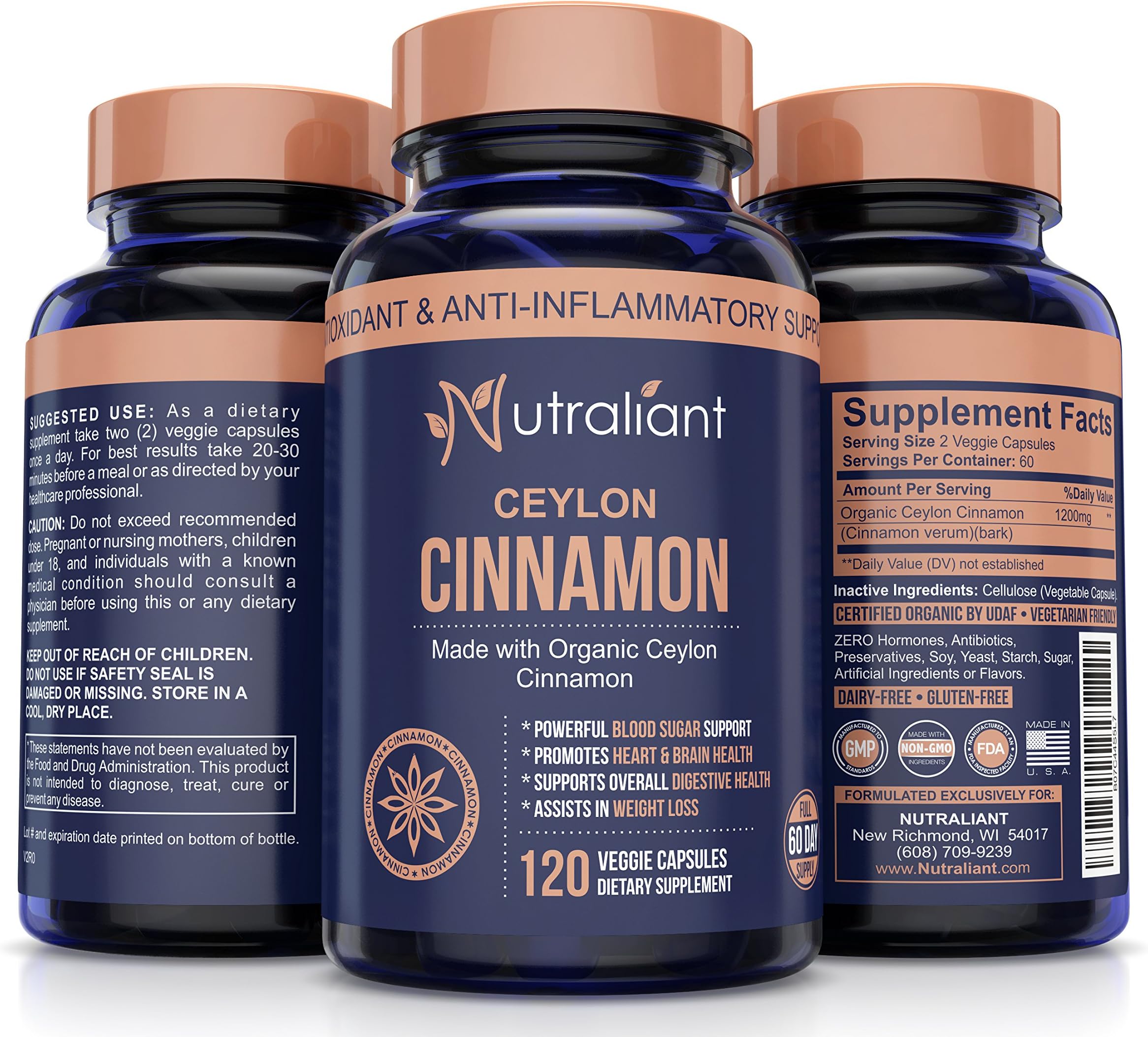 ORGANIC CEYLON CINNAMON CAPSULES - Super Antioxidant & Anti-Inflammatory Supplement for Healthy Blood Sugar, BP, Joint Support, Brain & Cardiovascular Health - 1200mg True Sri Lanka Cinnamon 120 Pills