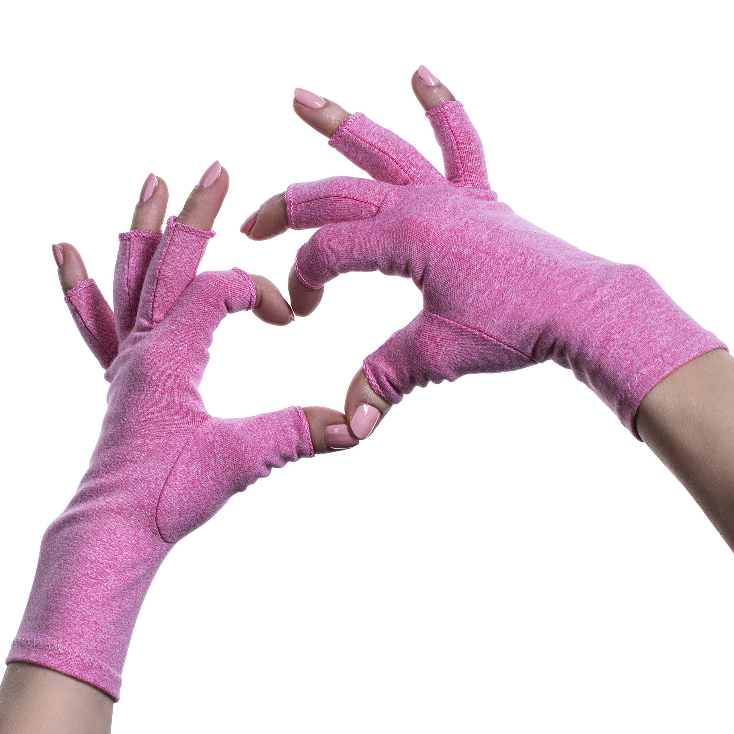 Open Finger Compression Gloves - Arthritis Gloves for Women, Men - Premium Joint Pain Relief - Rheumatoid and Osteoarthritis Hand Support - Ease Muscle Tension and Swelling - by Sandine (Pink M)