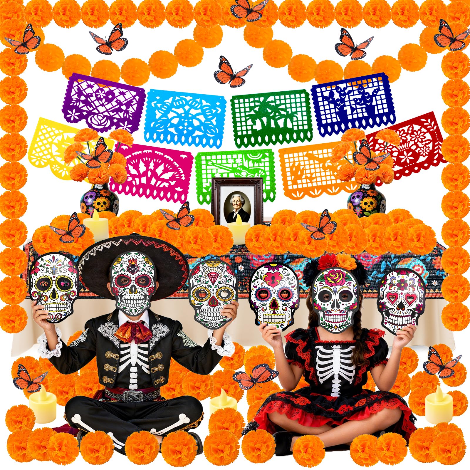 Photo 1 of 110 Pcs Dia de los Muertos Decorations Ofrenda Kit – Day of the Dead Altar Decor with 2 Marigold Garlands, 50 Flowers & Stems, Table Runner Skull, 6 LED Candles, 24 Butterflies, 9 Papel Picado, 6 Mask