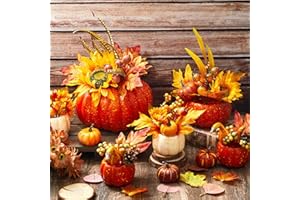 Riceshoot 6 Pcs Large Thanksgiving Artificial Pumpkins Decor with Light, Fall Centerpieces for Table Artificial Fake Foam Pumpkin Flowers for Fall Autumn Thanksgiving Harvest Party Tabletop