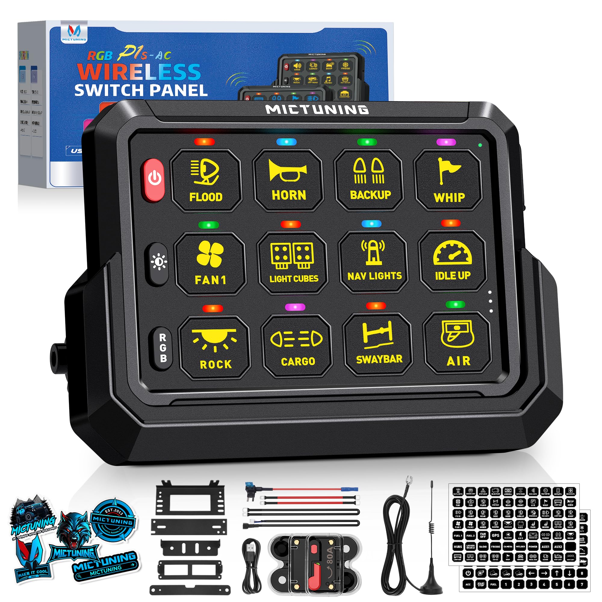 Photo 1 of MICTUNING P1s-AC Wireless 12 Gang Switch Panel, 433MHz Remote Control Range Up to 265FT Plug and Play 12v Multifunction Toggle Momentary Pulsed Strobe Circuit Control Relay System Box for Car Truck RV