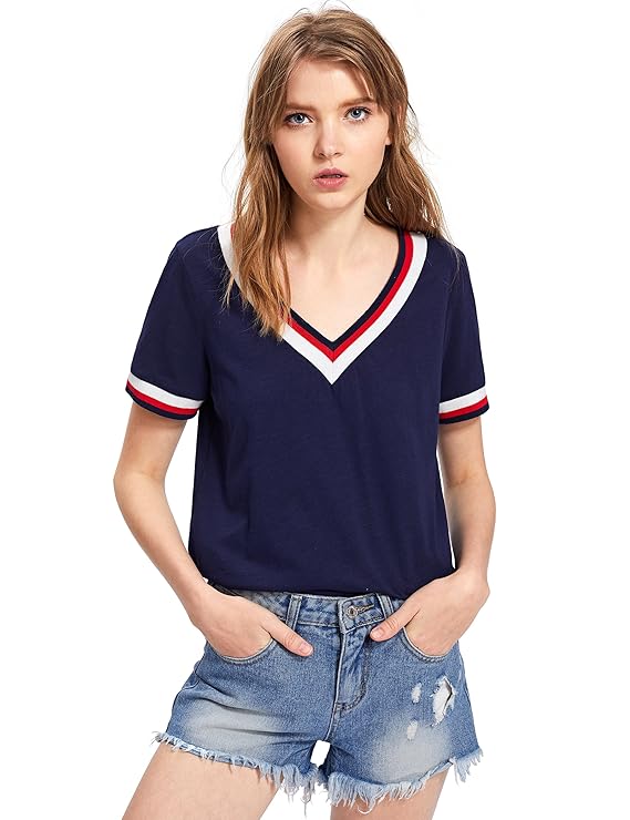 ROMWE Damen Sportlich T-Shirt V Ausschnitt Kurzarm Top