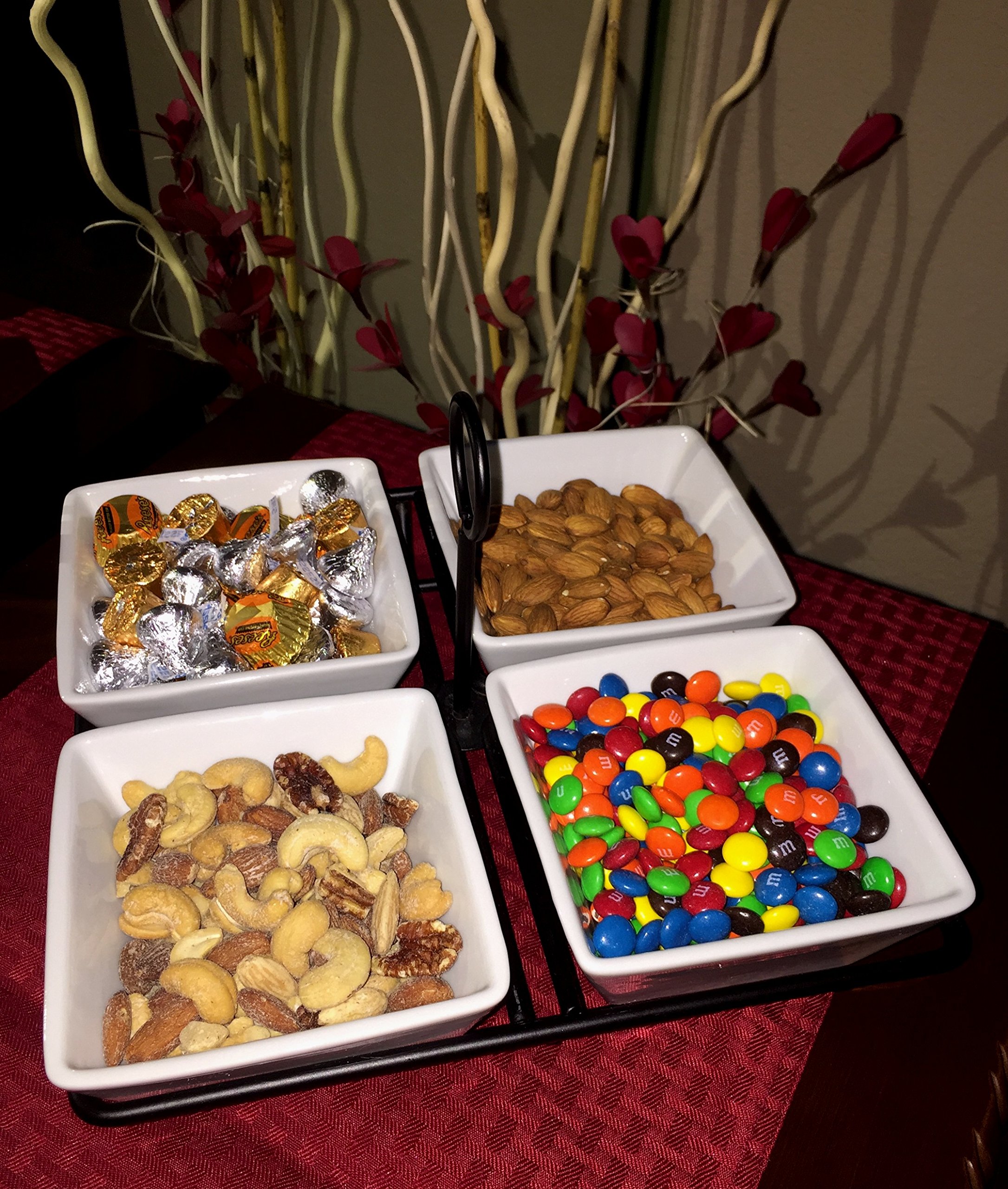 4 Bowl Condiment Dish Rack Set White Porcelain Ceramic Caddy