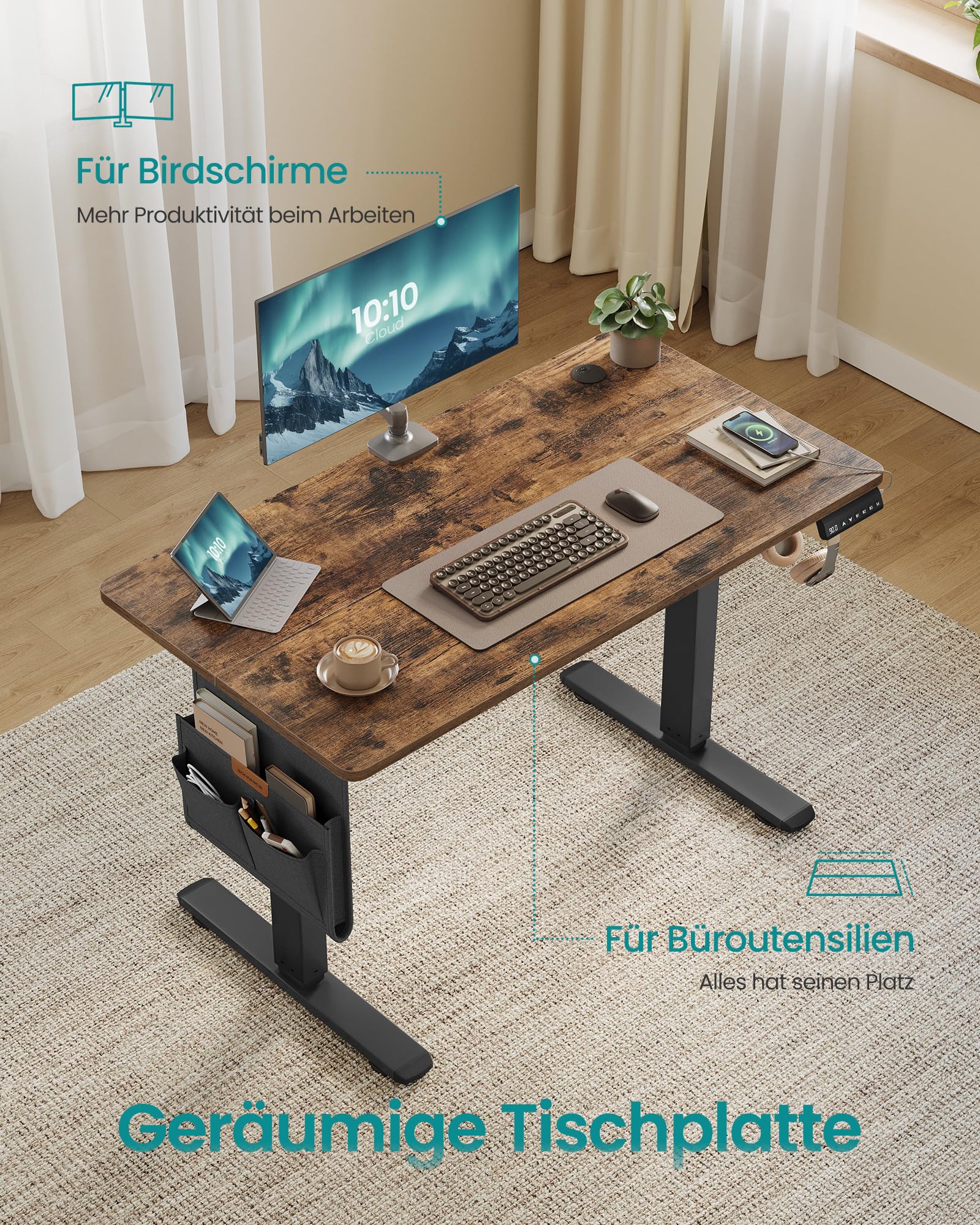 SONGMICS Höhenverstellbarer Schreibtisch elektrisch, 100 x 60 cm, Verstellbarer Tisch, Memory-Funktion für 4 Höhen, für Büro, vintagebraun LSD130KD01 4