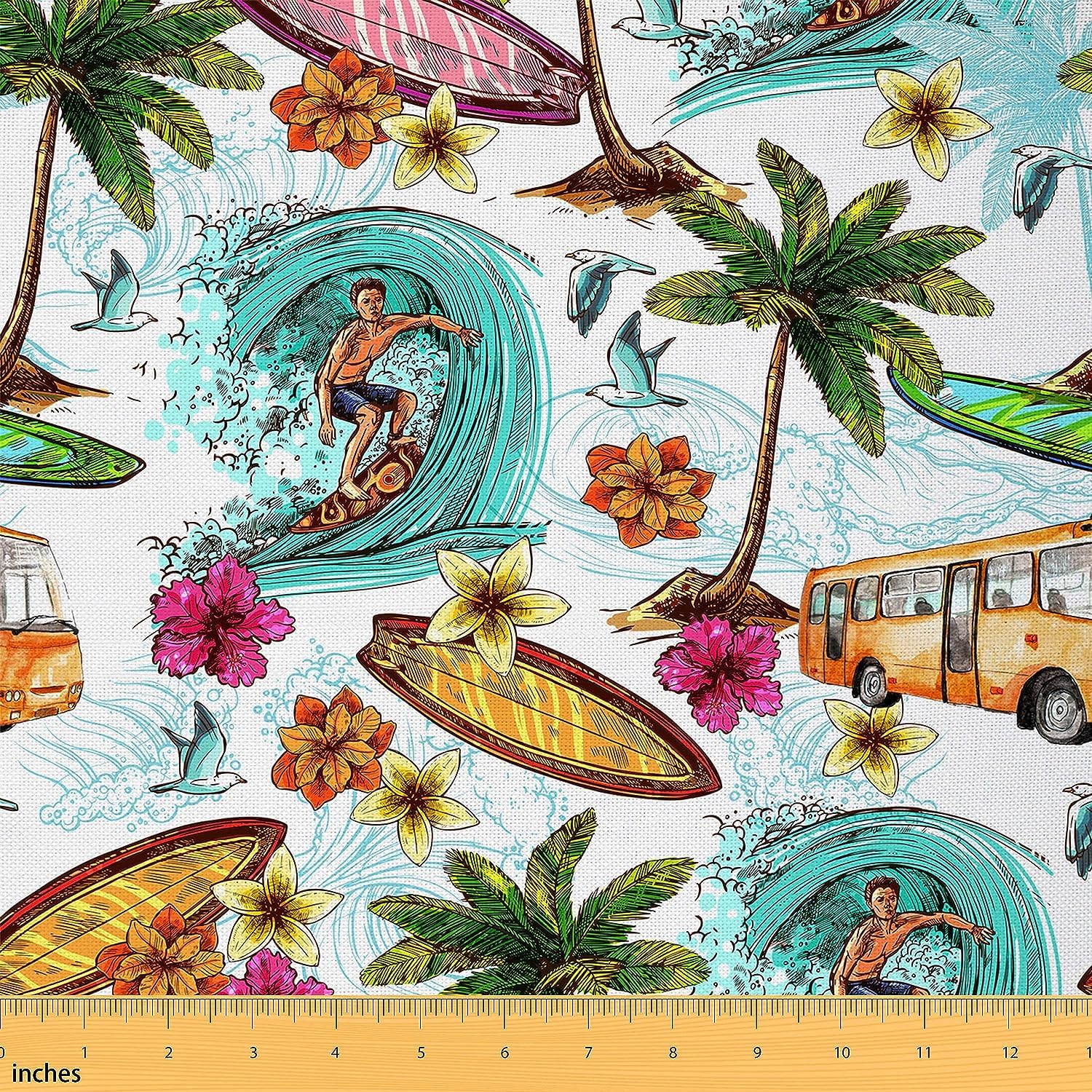 Ocean Surfing Upholstery Fabric by The Yard,Hawaiian Palm Tree Outdoor Fabric by The Yard,Surfer Sea Summer Holiday Decor Fabric for Upholstery and Home DIY Projects,3 Yards,(L276*W150cm) White Teal