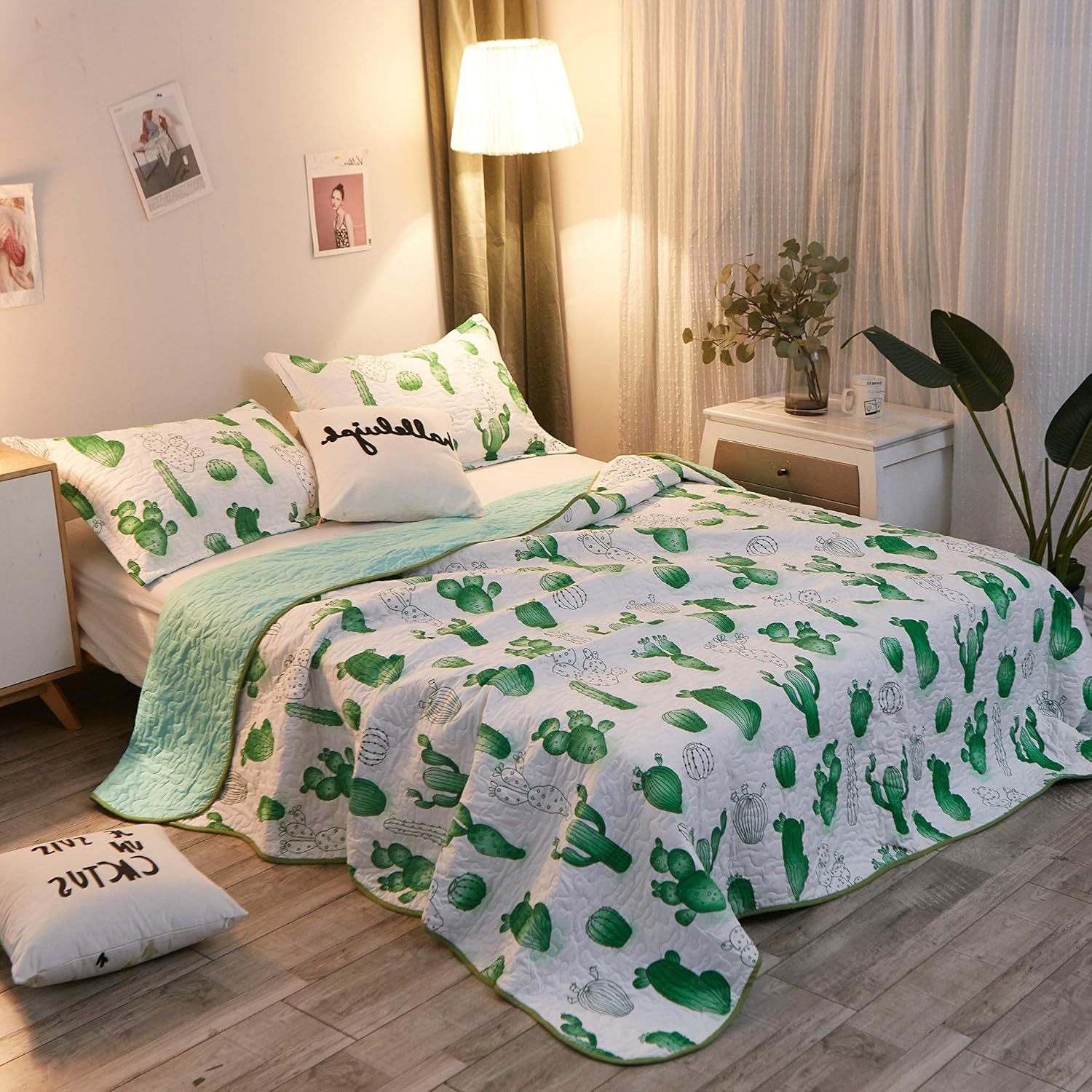 LAMEJOR Quilt Set Queen Size Tropical Cactus Pattern Comforter Set 3-Piece Bedspread Coverlet Set Microfiber Color Mint/White