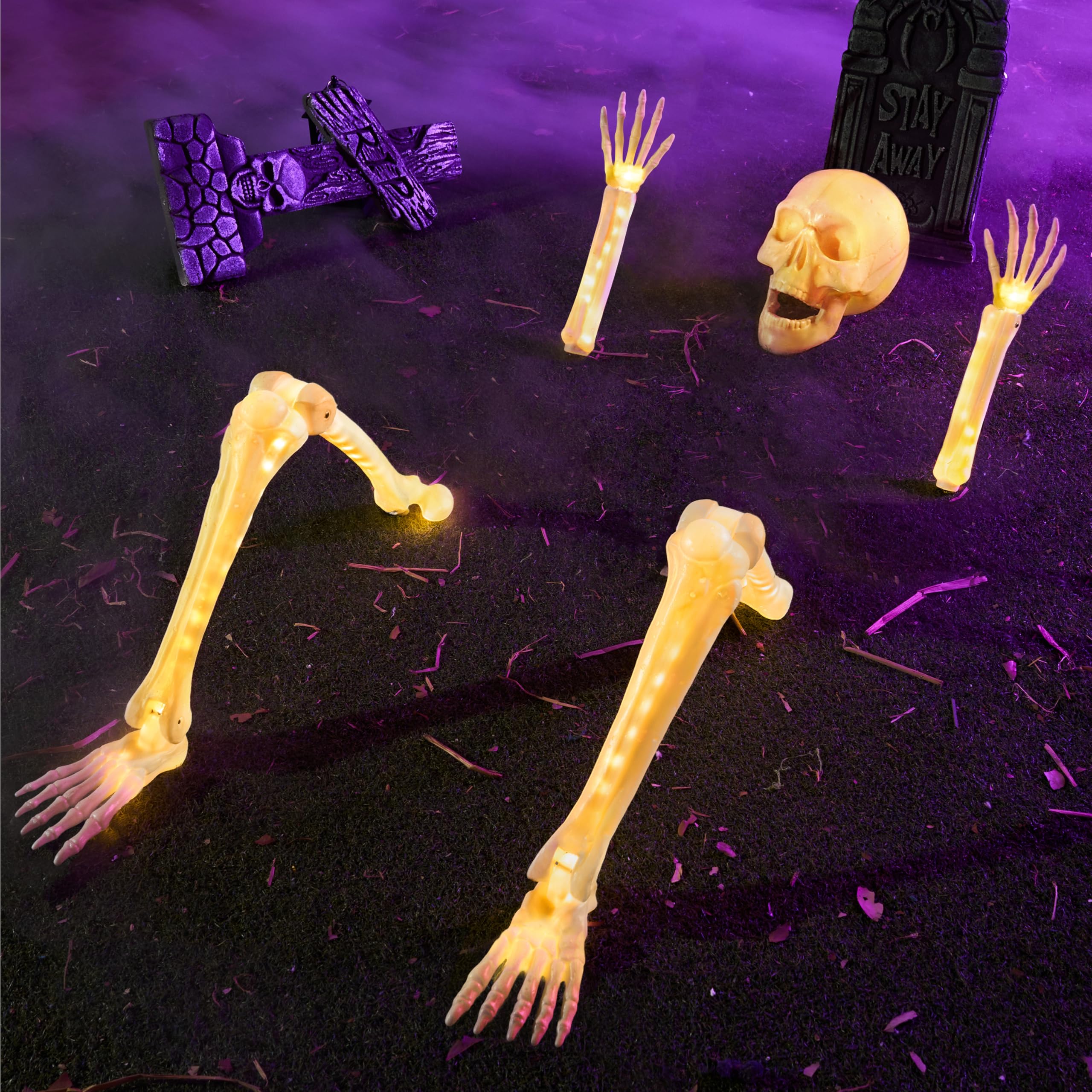 Photo 1 of JOYIN 5 Pcs Halloween Skeleton Decorations Outdoor, LED Life Size Skeleton Yard Stakes, Light Up Full Body Realistic Skulls Decor for Graveyard Yard Lawn Garden Holiday Party Decoration