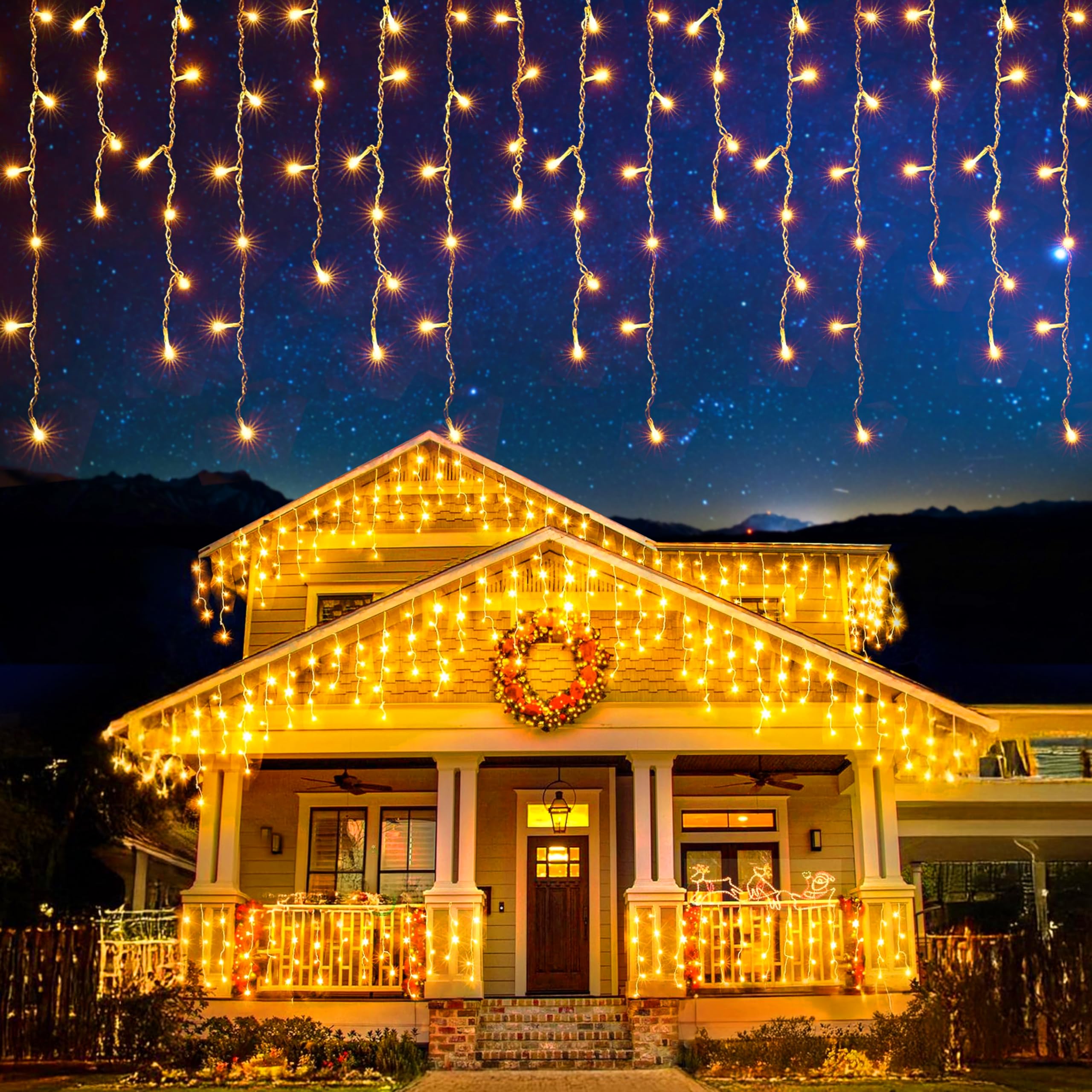 EcoNour Icicle Lights Outdoor Christmas Lights 500 LED 17M Warm White Decorations String Fairy Lights with Timer for Xmas Garden & Party | Mains Powered Clear Cable