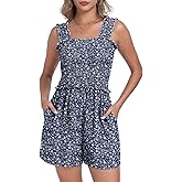 QIXING Women's Summer Casual Rompers Dressy Smocked Loose Comfy Short Jumpsuits Vacation Outfits With Pockets
