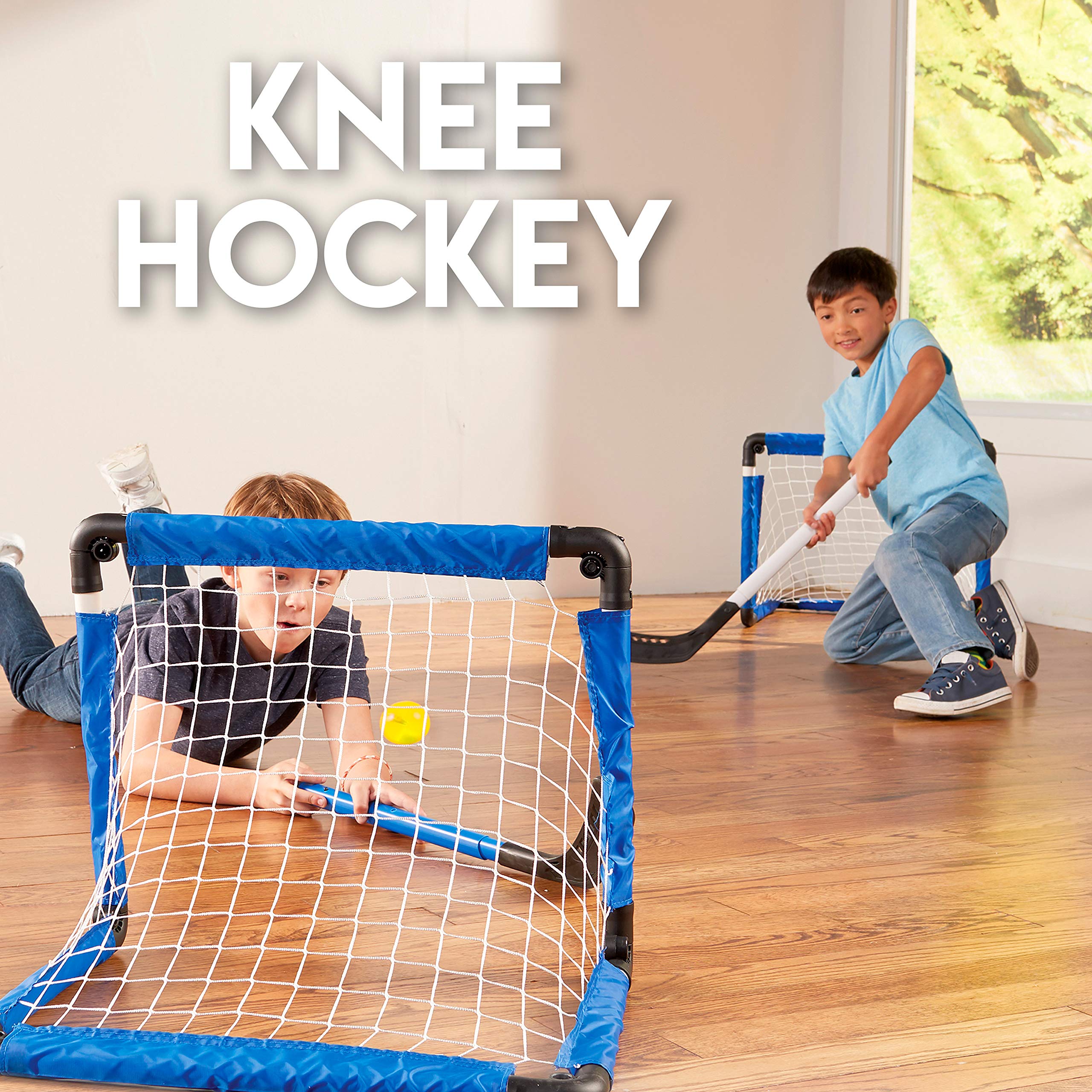 Franklin Sports Indoor Mini Goal Sports Set - 3 in 1 Kids Indoor Goal Set - Indoor Mini Floor Hockey, Knee Hockey, and Mini Soccer Set for Kids, Blue, 22 x 17.5-Inch