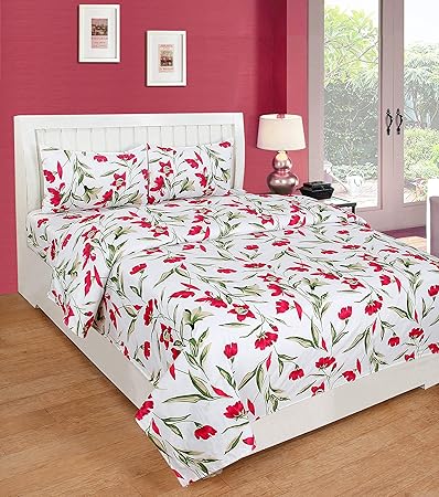 BSB Trendz HD 3D Printed Cotton 180 TC with 200 GSM 3 Piece Bedding Set of Double Bedsheet and 2 Pillow Covers (White, Red and Maroon)