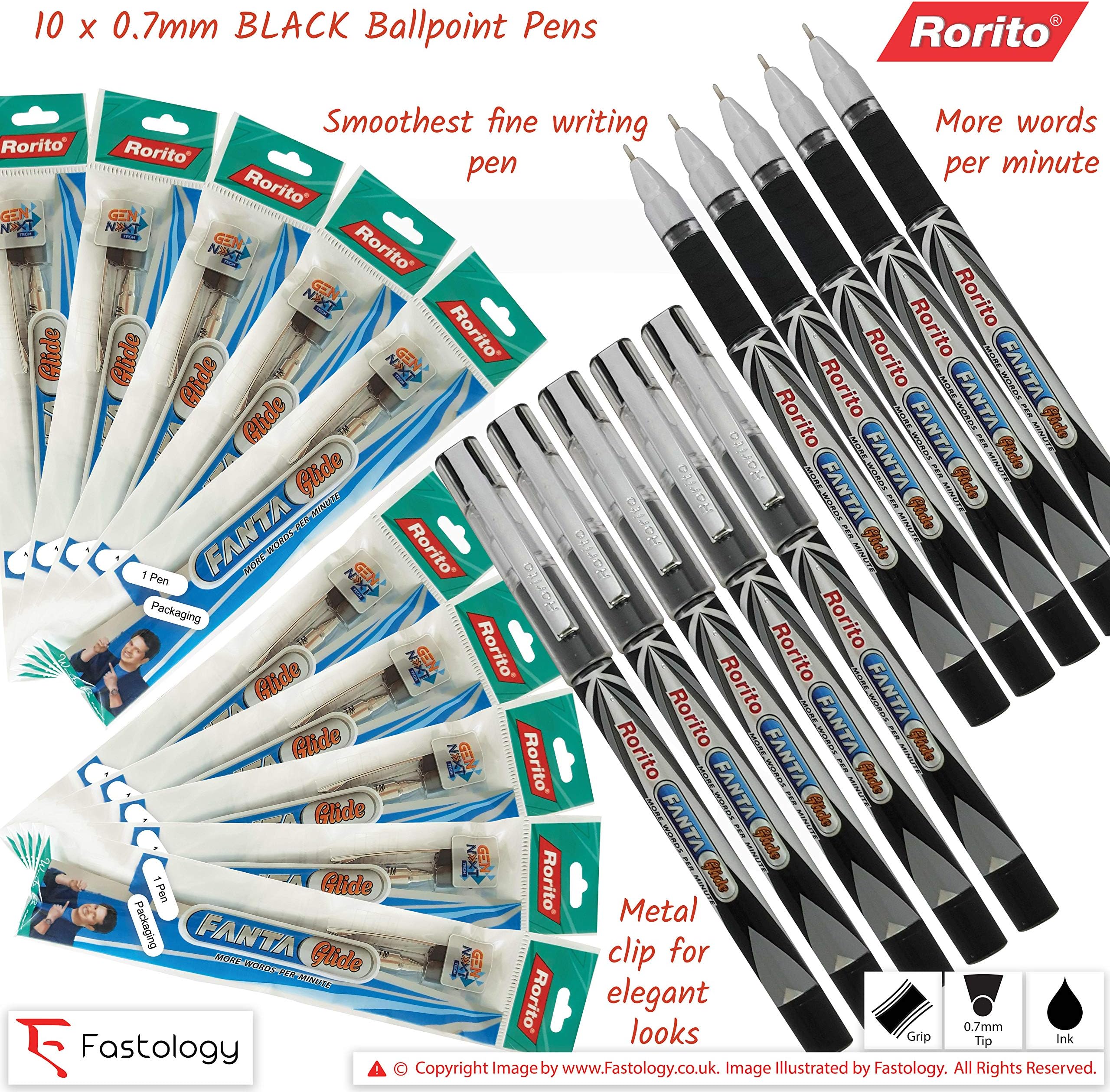 RORITO FantaGlide Smooth Fine Ballpoint Pens Writing Pack Comfort Soft Grip (10 x 0.7mm BLACK Ball Pens + 2 x PATEL Black Ball Pens)
