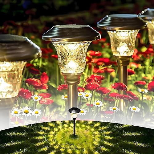 BEAU JARDIN 8 Pack Metal Garden Solar Lights Outdoor Waterproof 900mAh LED Solar Stake Lights Weatherproof Glass Lens Stainless Steel Pathway Lighting Sun Powered Landscape Lawn [Energy Class A]