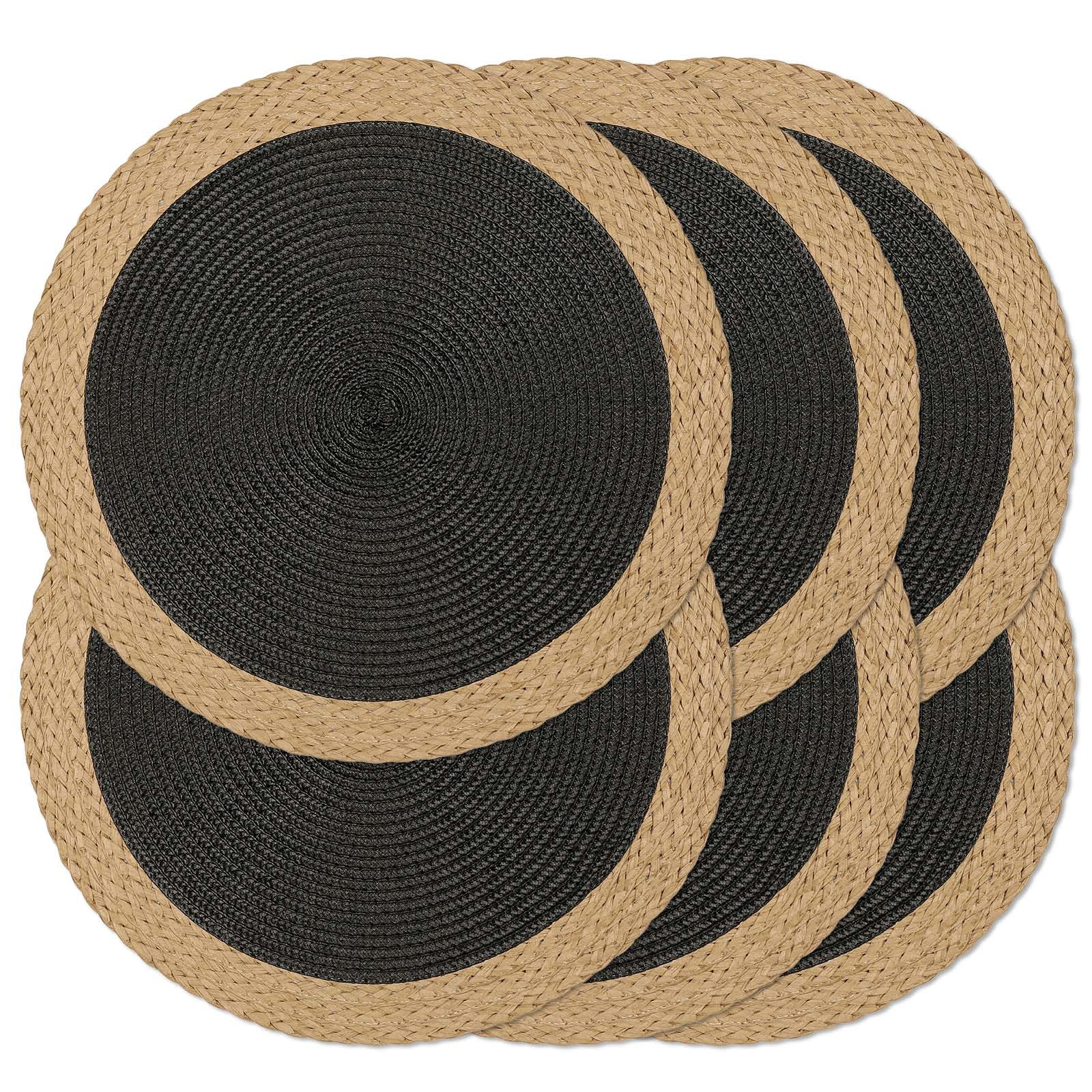 Photo 1 of Noctiflorous 15 Inch Round Braided Placemats Set of 6 Washable Wipeable Easy Clean Heat Resistant Woven Dining Table Mats Decor for Holiday Parties Indoor Outdoor Daily Use(Black Wide Edge, 6)