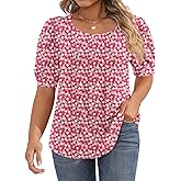 Ficerd Women's Plus Size Puff Short Sleeve Tunic Tops Crew Neck Pleated Blouses Summer Casual T Shirt Blouse 1X-5X