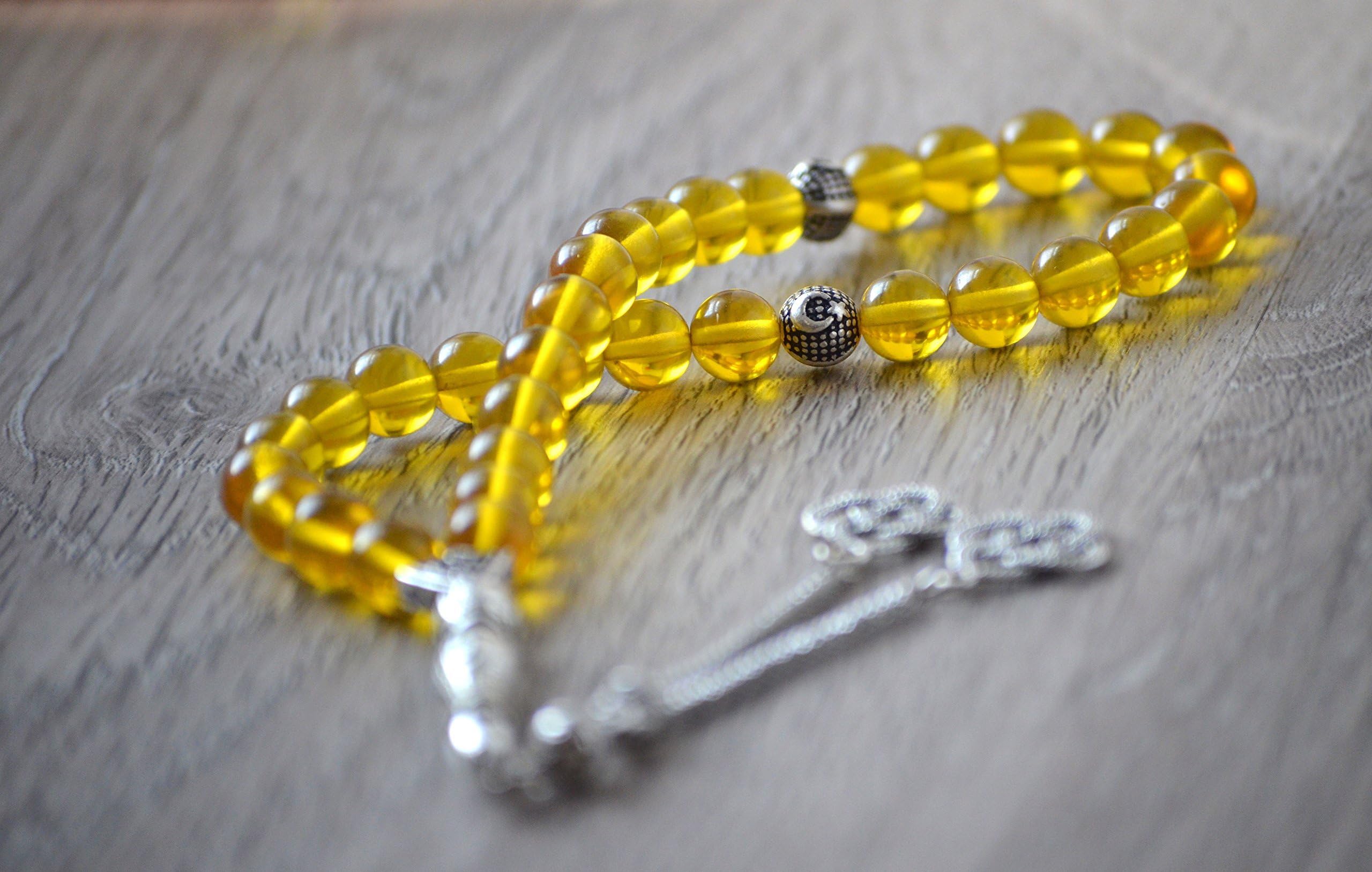 Handmade Dominican Crystal Clear Yellow Blue Amber Prayer Beads, Worry Beads, Rosary, Kehribar Tasbih (Genuine,%100 Original Amber Beads)